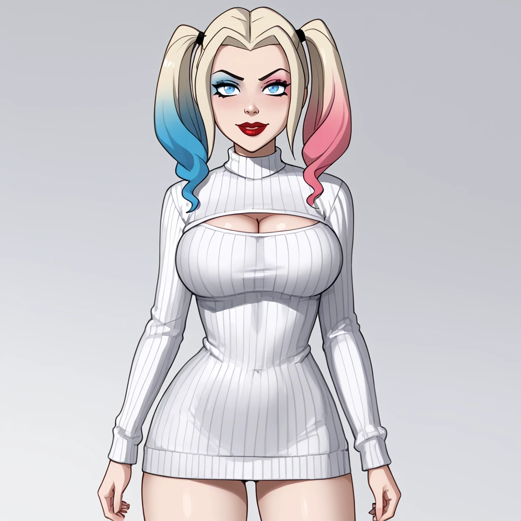 <lora:harleyquinncartoon_pony_v1:.75> HarleyQuinnCartoon, 1girl, solo, twintails, makeup,  blue eyes,  large breasts, lipstick,  eyeshadow,  blue blonde pink multicolored gradient hair, red lips,  pale skin, cowboy shot, <lora:open-chest-sweater-ponyxl-lora-nochekaiser:1> open-chest sweater, ribbed sweater, cleavage cutout, meme attire, clothing cutout, turtleneck, sweater dress, cleavage, clothes tug, sweater pull, cleavage reach,