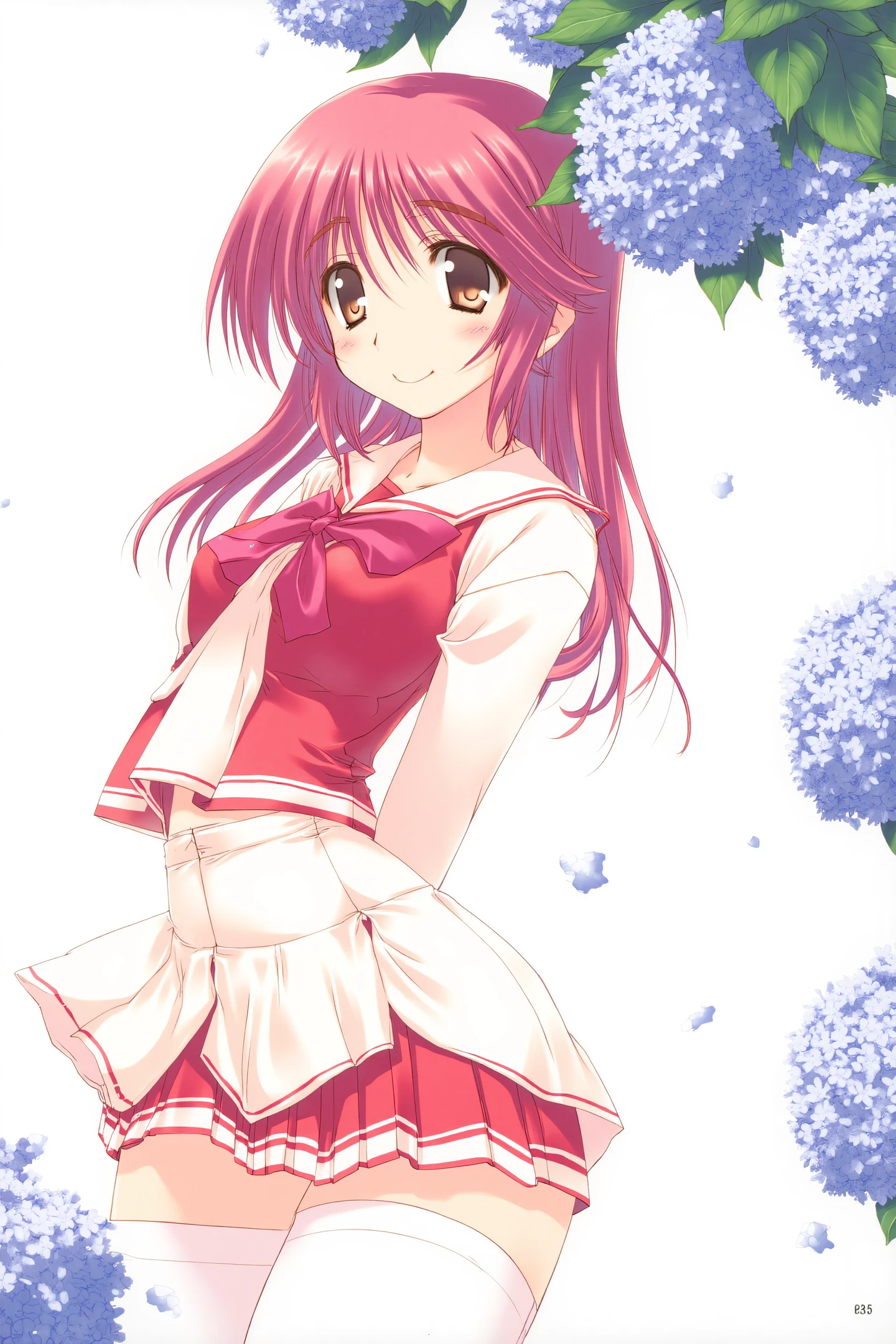 1girl,solo,school uniform,long sleeves serafuku,white thighhighs,pleated skirt,red long hair,brown eyes,smile,blush,looking back,arms behind back,looking at viewer,hydrangea,flower bloom,
<lora:Amaduyu Tatsuki_FLUX:1>,