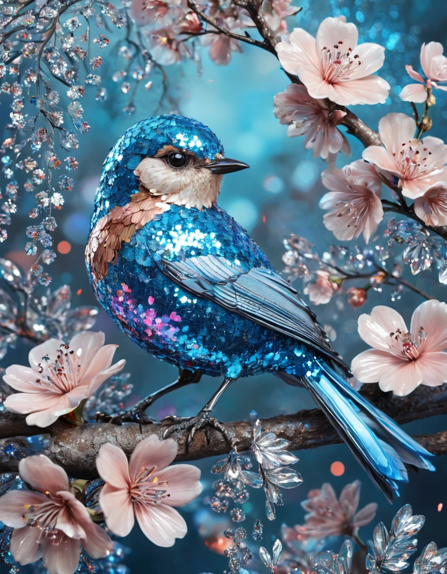 <lora:103_novuschroma_1:1> bird on a branch with flowers novuschroma style glitter