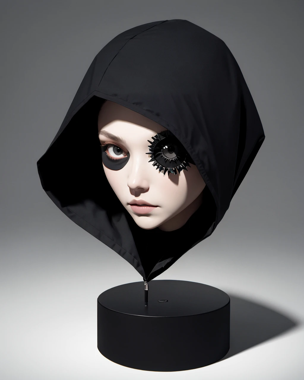 low poly, logotype containing grey and black colors, circle, patronus, omnious figure in a hood, one eye from a shadows, cyclops, ,<lora:GoodHands-vanilla:1.2>,masterpiece, best quality, no default,