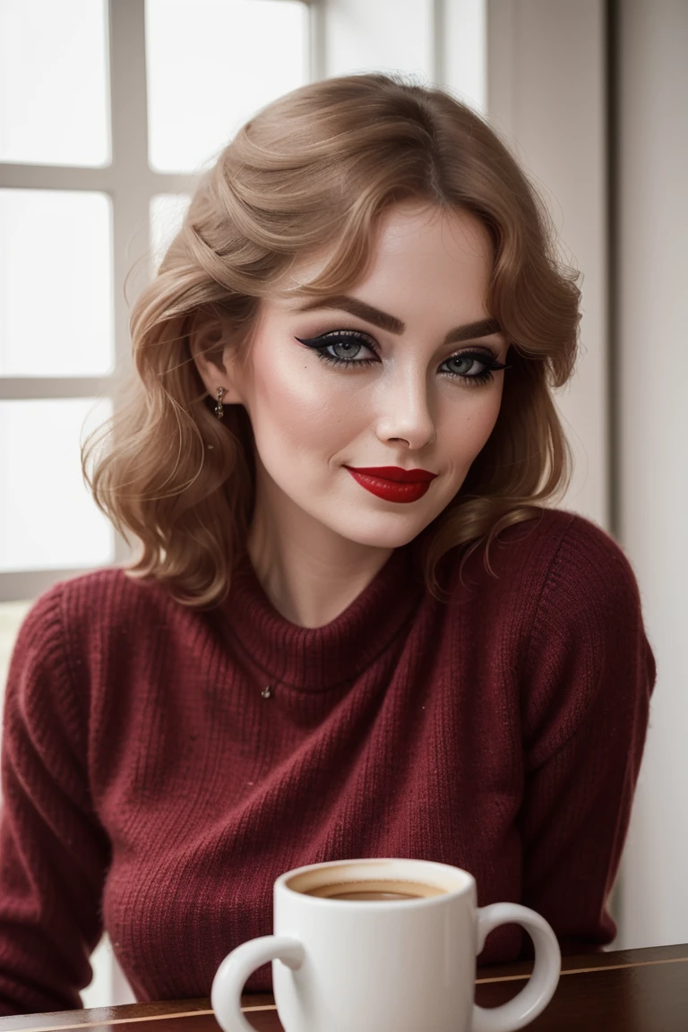 <lora:dianpark-10:0.6>, dianpark,, a photo of a woman, ((red lipstick, blush, eyeliner, eye shadow, pale skin)), ((masterpiece, best quality, extremely detailed, high resolution)), ((detailed eyes, detailed face):1.2), coffee shop, coffee mug, table, window, sitting, sweater, smile