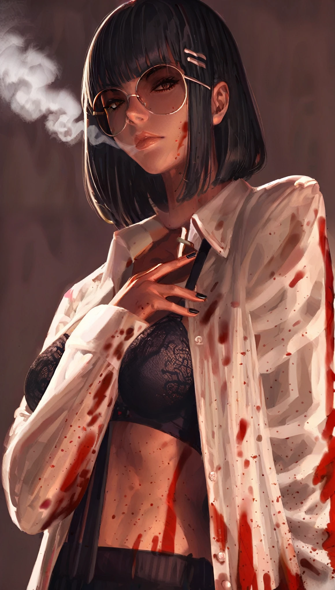 score_9, score_8_up, score_7_up, score_6_up, source cartoon, score_9, score_8_up, score_7_up,woman is smoking a cigarette and has blood drawn across her face and chest, 1girl, solo, underwear, bra, shirt, open clothes, glasses, black hair, black bra, open shirt, blood on clothes, blood, round eyewear, white shirt, cigarette, black nails, bangs, hair ornament, breasts, smoking, collared shirt, looking at viewer, long sleeves, hairclip
