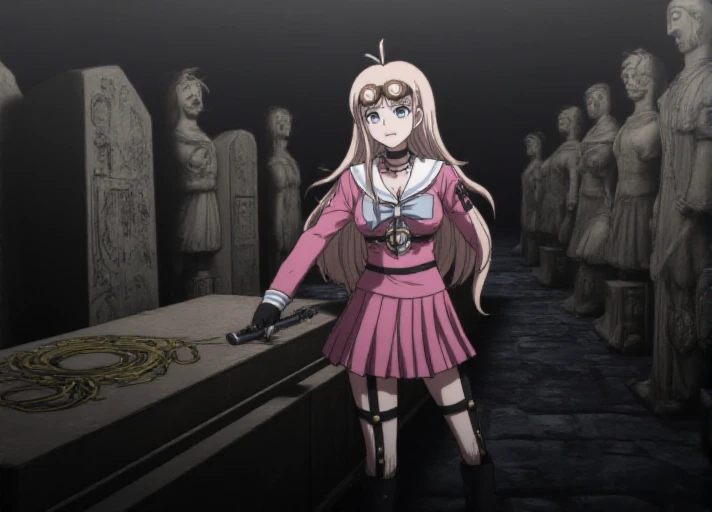 solo, <lora:Miu_Iruma_Flux_r1:1.1>,  <lora:Flux-Ghibli_Style-000004:1.05> In the style of Ghibli studios anime.    The image is a screencap from the anime Danganronpa The Animation.        Miu Iruma wearing her uniform from Danganronpa V3. Miu Iruma has waist-length strawberry blonde hair that flows in waves around her back, with two short locks of hair sticking up at the top of her head, sweeping to her right. Her bangs are long and wispy, swept somewhat to her left. She has ice-blue eyes. Her head accessories consist of a pair of brown goggles with gold accents. Miu wears a modified, long-sleeved, dark pink seifuku uniform with a white sailor collar and sleeve cuffs, both striped with a single faded pale blue line, a faded pale blue bow tied at her collar. Her chest cover is noticeably missing, her cleavage exposed. A crest can be found in black printed at the shoulders of her sleeves. She wears a short, dark pink pleated skirt the same color as her uniform, vertically striped off-white knee-high socks, and black heeled boots accented with gold buckles, studs, and buttons. Her accessories include a black choker, two rubber collars that resemble barbed wire, black fingerless gloves studded with silver, a pin of the mouse mascot from Niko Niko Happy on her collar, black straps connected with gold studs wrapping her left upper arm, and black straps studded with gold linked with gold rings around her torso and legs. Her long black boots reach nearly up to her knees.       Miu Iruma is in a chilling, underground crypt, standing beside a stone sarcophagus adorned with ancient carvings. She's holding a mechanical crowbar, trying to pry open the lid. The crypt is filled with other sarcophagi and statues, all cast in dramatic shadows by flickering torchlight.