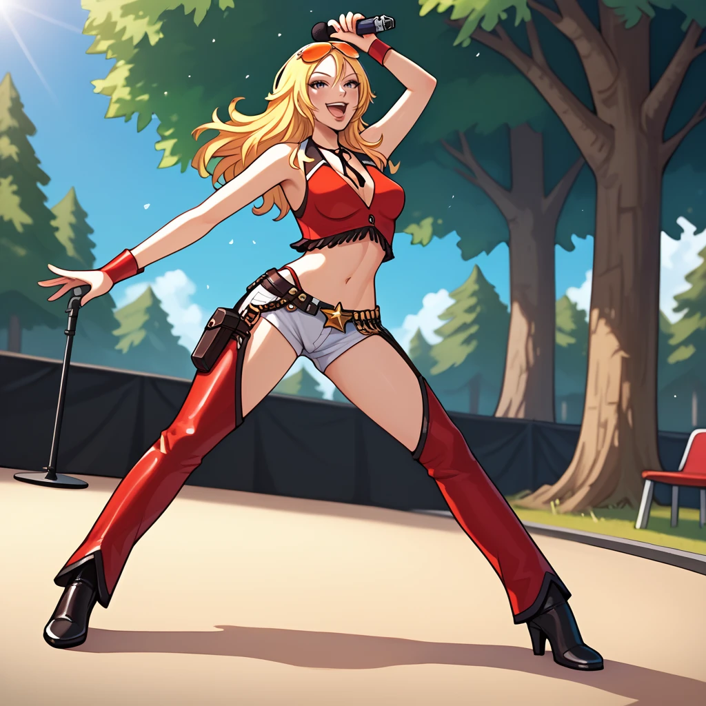 score_9, score_8_up, score_7_up, 1girl, solo, uncensored, agentstarr, smile, open mouth, holding microphone, singing, dancing, arm up, long blonde hair, eyewear on head, orange sunglasses, red sleeveless, crop top, white short shorts, red chaps, black shoes, outdoors, stage, trees, park <lora:AgentStarrXL_v1.0:1>