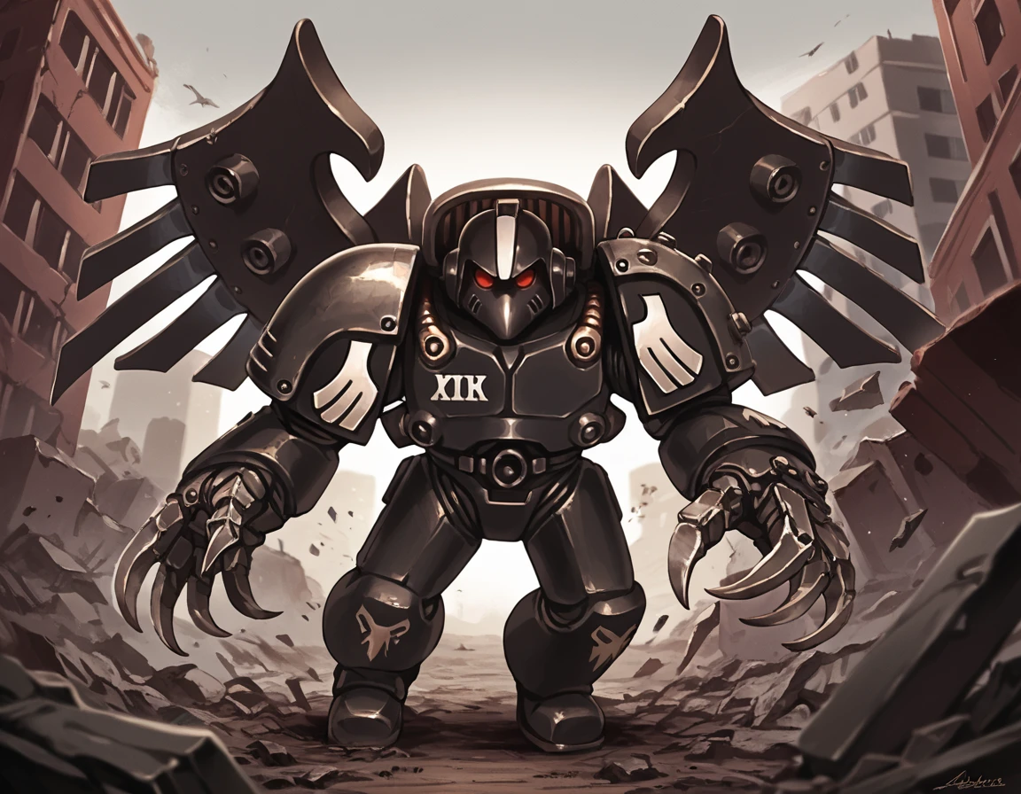 score_9, score_8_up, score_7_up, 2d, source_anime, cartoon, warzone, rubble, destroyed buildings, explosions,
ravenguarddarkfury, power armor, helmet, claws, mechanical wings, jetpack, red eyes, no pupils,
<lora:RavenGuardDarkFury_PonyXL:0.65>