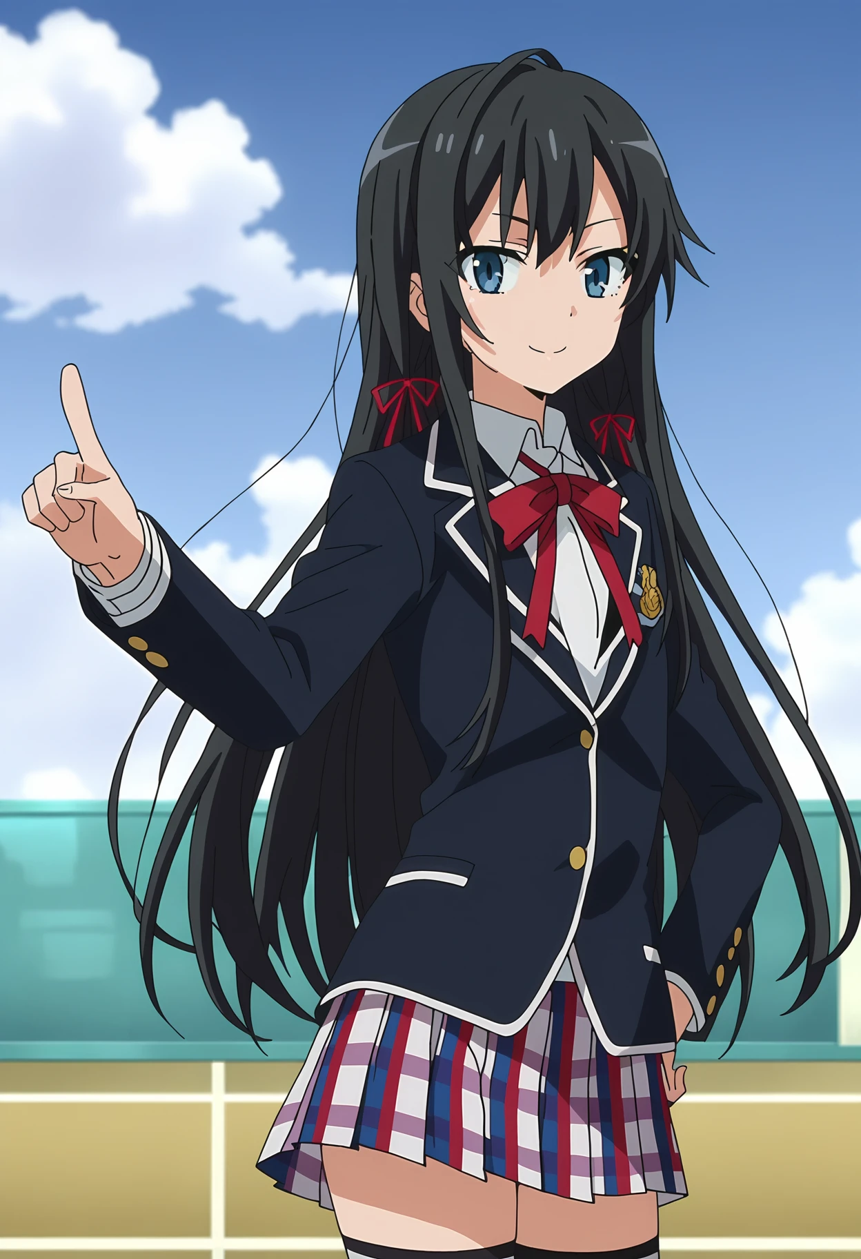 score_9, score_8_up, score_7_up, source_anime, 
BREAK
1girl, solo, anime screencap, anime coloring, 
<lora:shiYukinoV2:1>, shiyukino, black hair, long hair, blue eyes, hair ribbon, red ribbon, neck ribbon, 
school uniform, black jacket, collared shirt, white shirt, blazer, sobu high school uniform, pleated skirt, plaid skirt, 
thighhighs, 
looking at viewer, smile, pointing at viewer, hand on own hip,