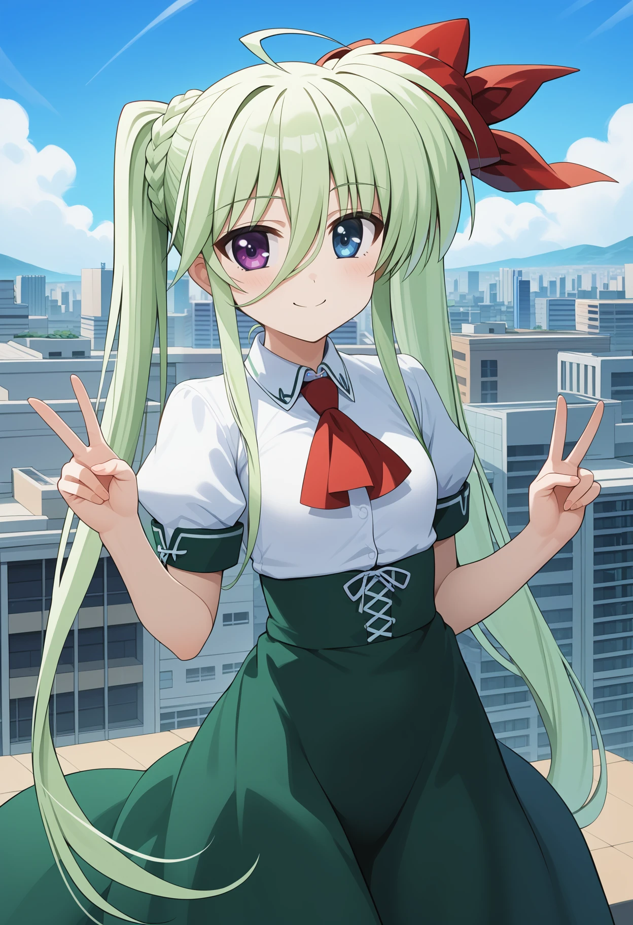 score_9, score_8_up, score_7_up, score_6_up, score_5_up, score_4_up, source_anime, aaeinhard, aged down, long hair, green hair, ahoge, twintails, hair ribbon, heterochromia, small breasts, school uniform, red ascot, white shirt, puffy short sleeves, cross-laced clothes, high-waist skirt, green skirt, <lora:einhard_stratos_ponyxl_v1:0.9>, rooftop, city, smile, peace sign,