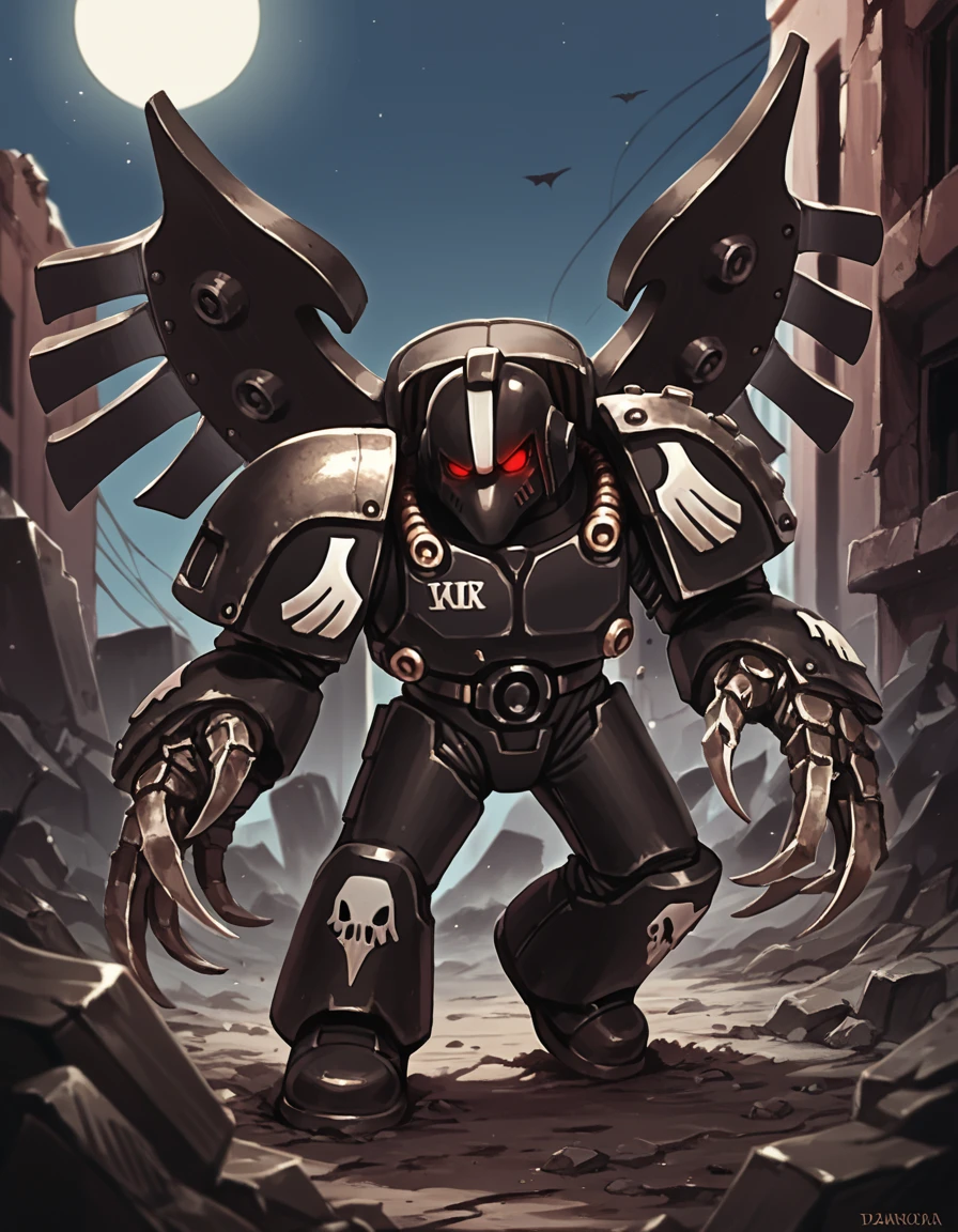 score_9, score_8_up, score_7_up, 2d, source_anime, cartoon, warzone, rubble, destroyed buildings, dark, night,
ravenguarddarkfury, power armor, tall, helmet, claws, mechanical wings, jetpack, glowing eyes, red eyes, no pupils,
<lora:RavenGuardDarkFury_PonyXL:0.7>