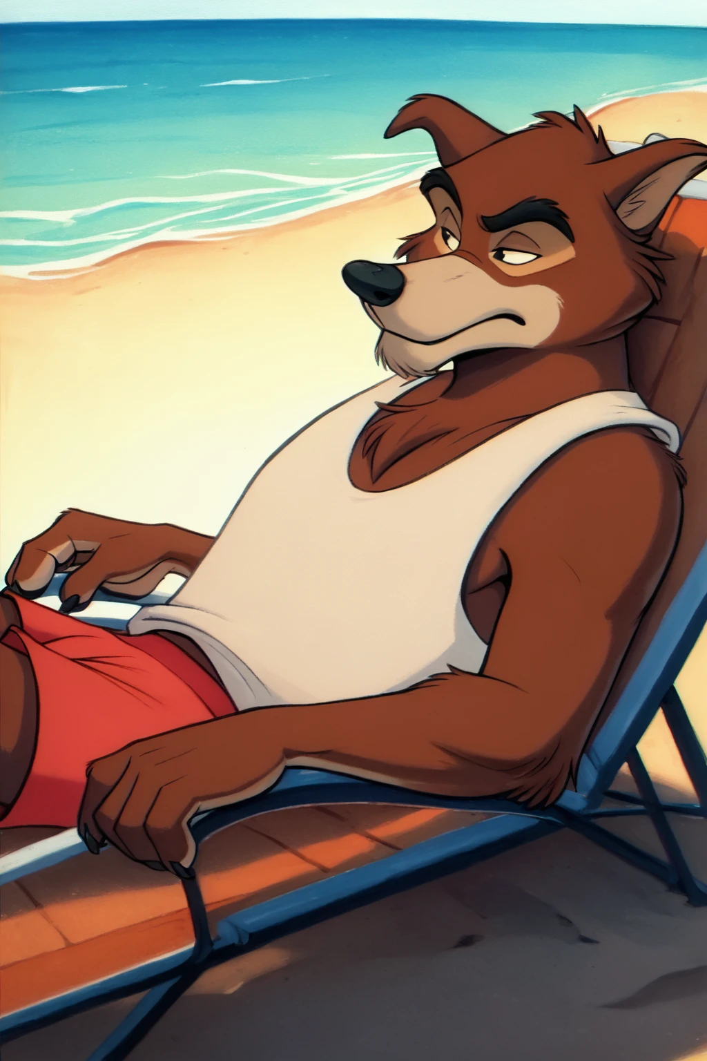 score_9, score_8_up, score_7_up, score_6_up, devious expression, black eyes,  wolf, anthro, furry, brown fur, male, tank top, boxers, laying in chair, outside, beach background, retro artstyle, traditional media, dramatic lighting<lora:Don_Karnage_Talespin_PonyXL:1> <lora:Disney_Renaissance:1>