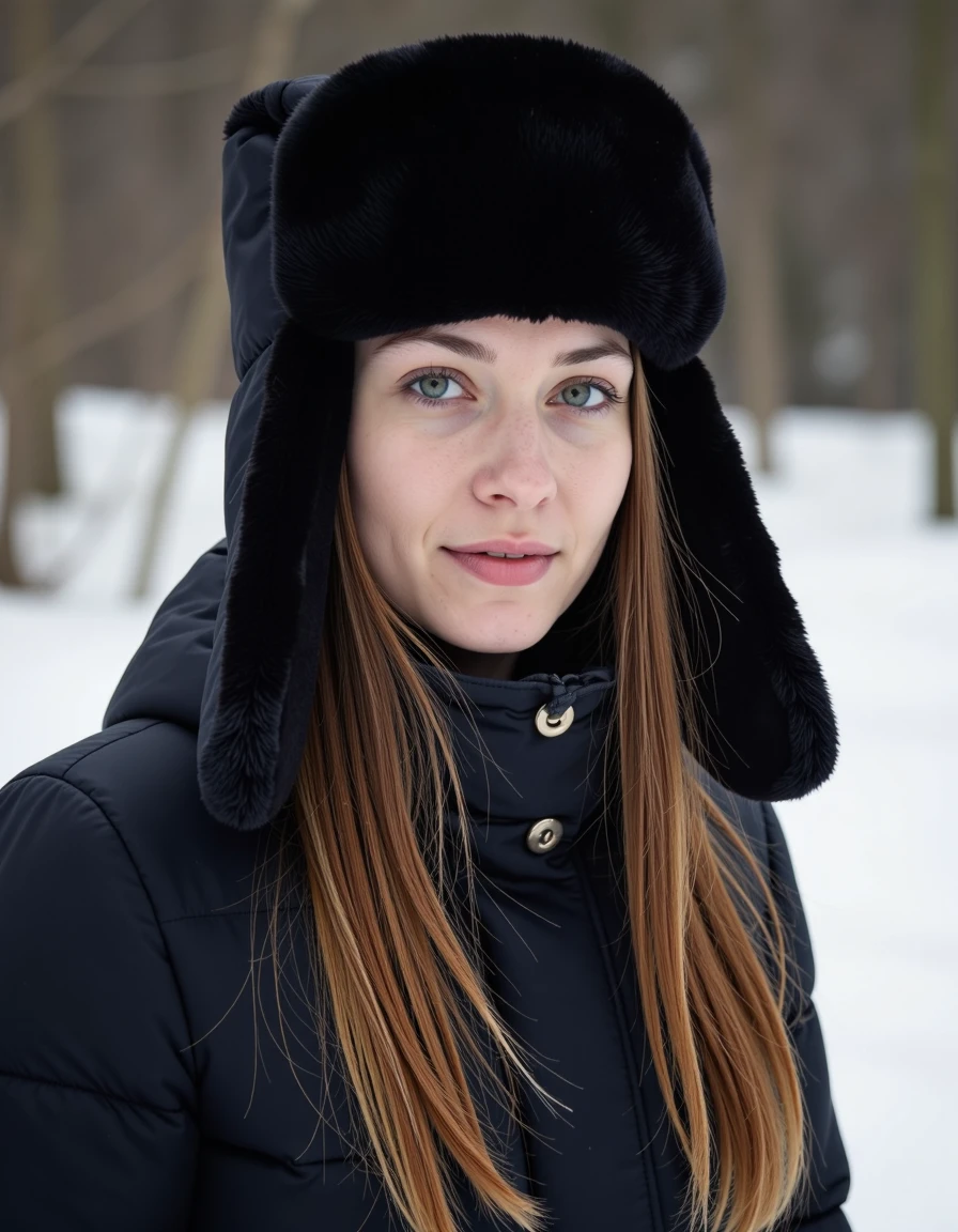 (high definition), (cinematic) photo of  a woman wearing a plain black ushanka with flaps down, snowy background, blue eyes,  highly detailed face and eyes, <lora:ushanka:1>