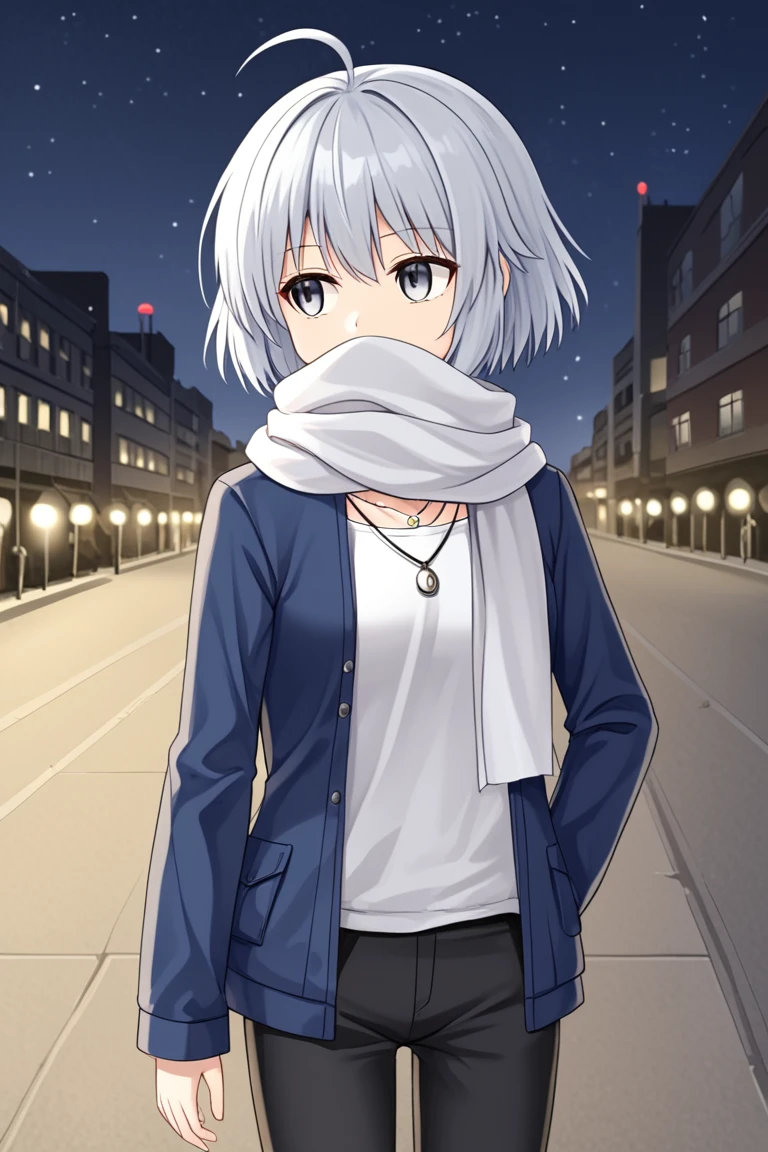 1girl, solo, rainaygo, duel monster, white hair, short hair, ahoge, grey eyes, modern urban clothes, casual clothing, blue jacket, long sleeves, white shirt, necklace, white scarf, covered mouth, black pants, outdoors, night, city, street, standing, looking away, expressionless, cowboy shot