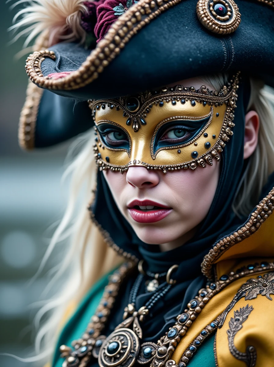 close-up portrait photo of a face of a woman shy with a shy expression, she is wearing a Venetian Carnival masquerader's lavish costume with a silk domino cloak, a bauta mask, and a tricorn hat, wandering the canals and alleyways at a small, claustrophobic cabin in the snowy wilderness, where a group of dangerous strangers are forced to coexist, the crackling fire providing little warmth against the icy tension and suspicion that fills the air. <lora:yolandilora:1.2> yol4ndi