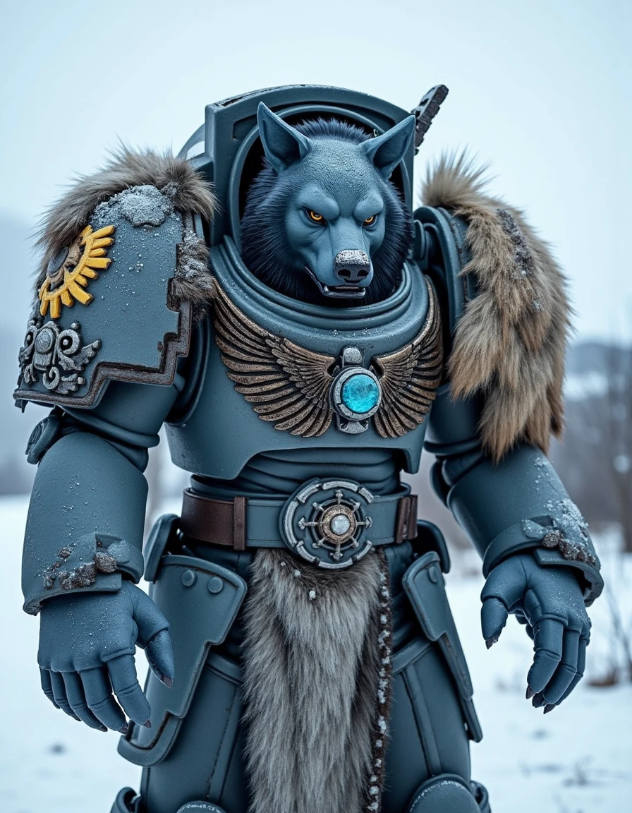 "Imagine a scene in the style of cinematic realism, where a Space Wolf Terminator stands in the icy tundra of Fenris. His grey-blue armor is reinforced with furs of Fenrisian wolves draped across his broad shoulders. The yellow wolf-head emblem on his shoulder pad represents the savage loyalty and tribal strength of the Chapter. His armor is rugged, battle-scarred, and adorned with rune stones and talismans, while snowflakes drift in the cold wind. The harsh natural lighting highlights the raw, primal nature of the Space Wolves as he prepares to unleash his fury in battle."