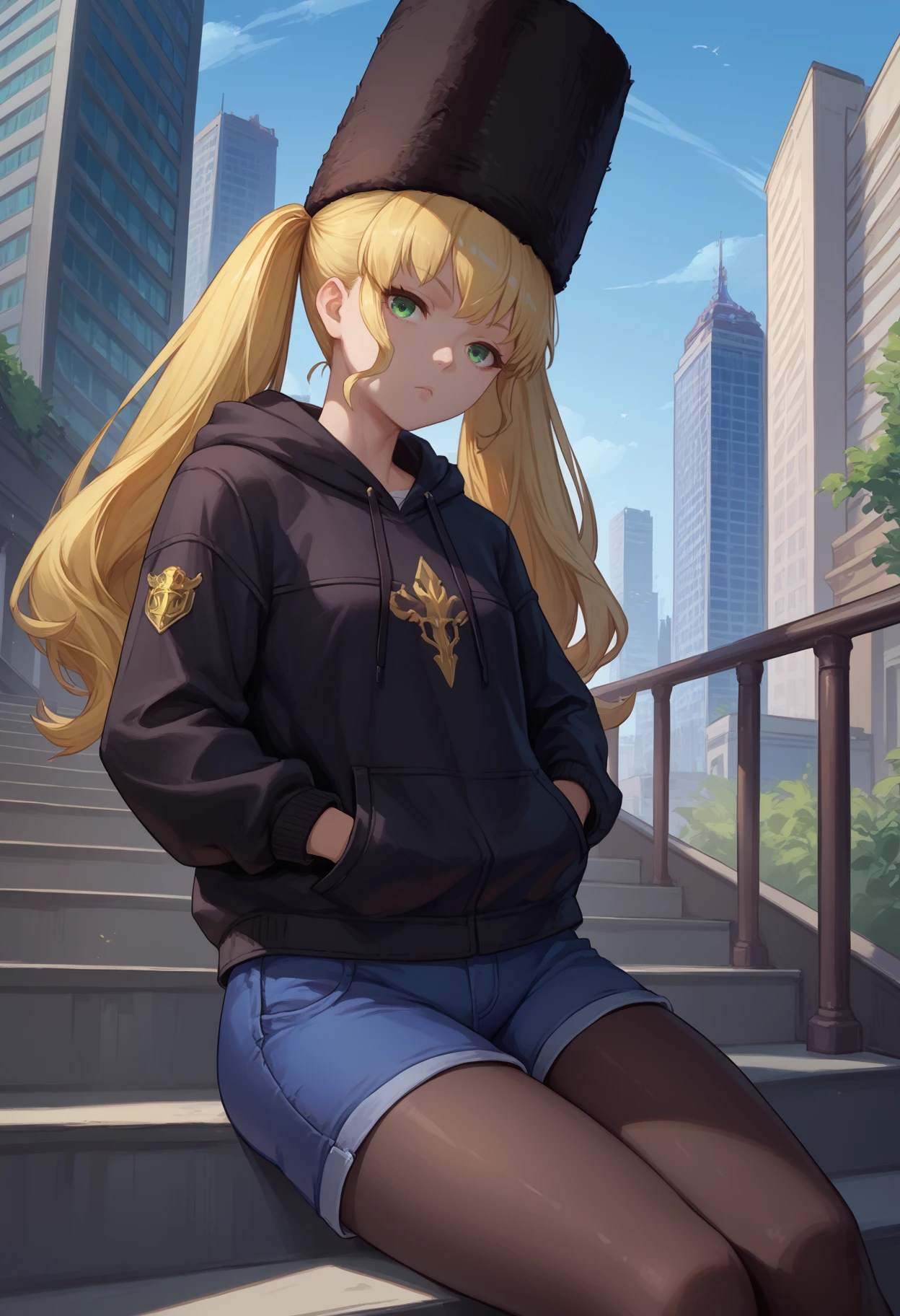 score_9, score_8_up, score_7_up, <break> solo, 1girl, mia karnstein, expressionless, looking at you, sitting, stairs, hands in pockets, long hair, blonde hair, twintails, black headwear, fur hat, ushanka, green eyes, purple hoodie, blue shorts, denim shorts, black pantyhose, outdoors, city
<segment:yolo-face_yolov8m.pt,0.4,0.5//cid=1>