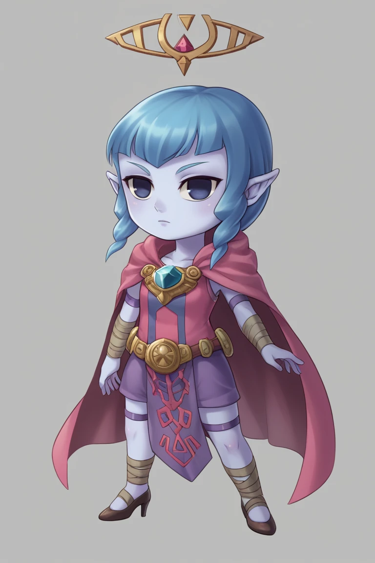 score_9,score_8,score_7, porochaStyle, 1girl, blue eyes, blue hair, blue skin, cape, chibi, colored skin, empty eyes, female focus, fi (zelda), full body, high heels, highres, hyrule warriors, matching hair/eyes, nintendo, porocha, simple background, solo, the legend of zelda, the legend of zelda: skyward sword