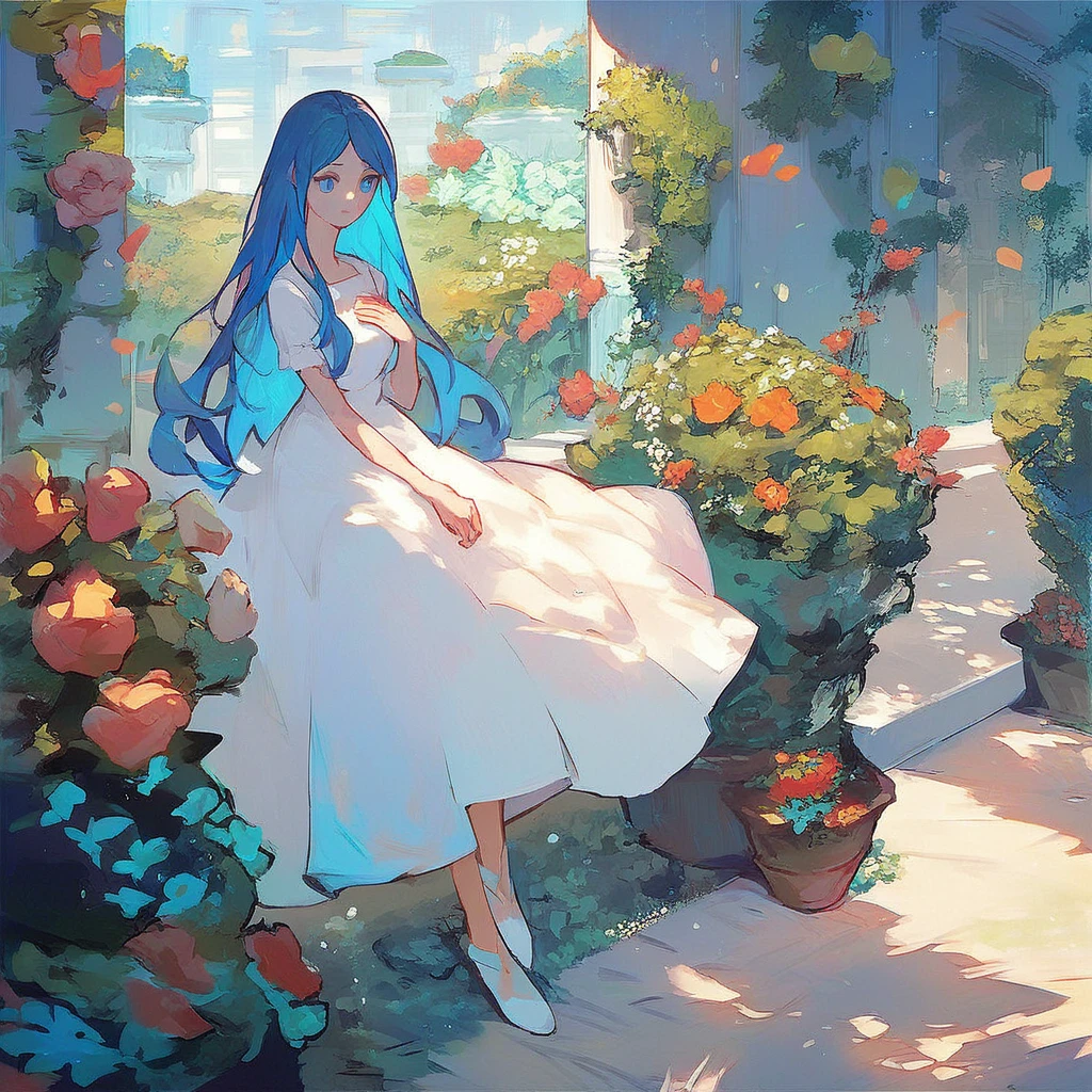 score_9, score_8_up, score_7_up, score_6_up, source_anime, 1girl, solo, Liko, Blue Eyes, Blue Hair, long hair, white dress, medium breasts, full body, hand to own chest, day, garden,