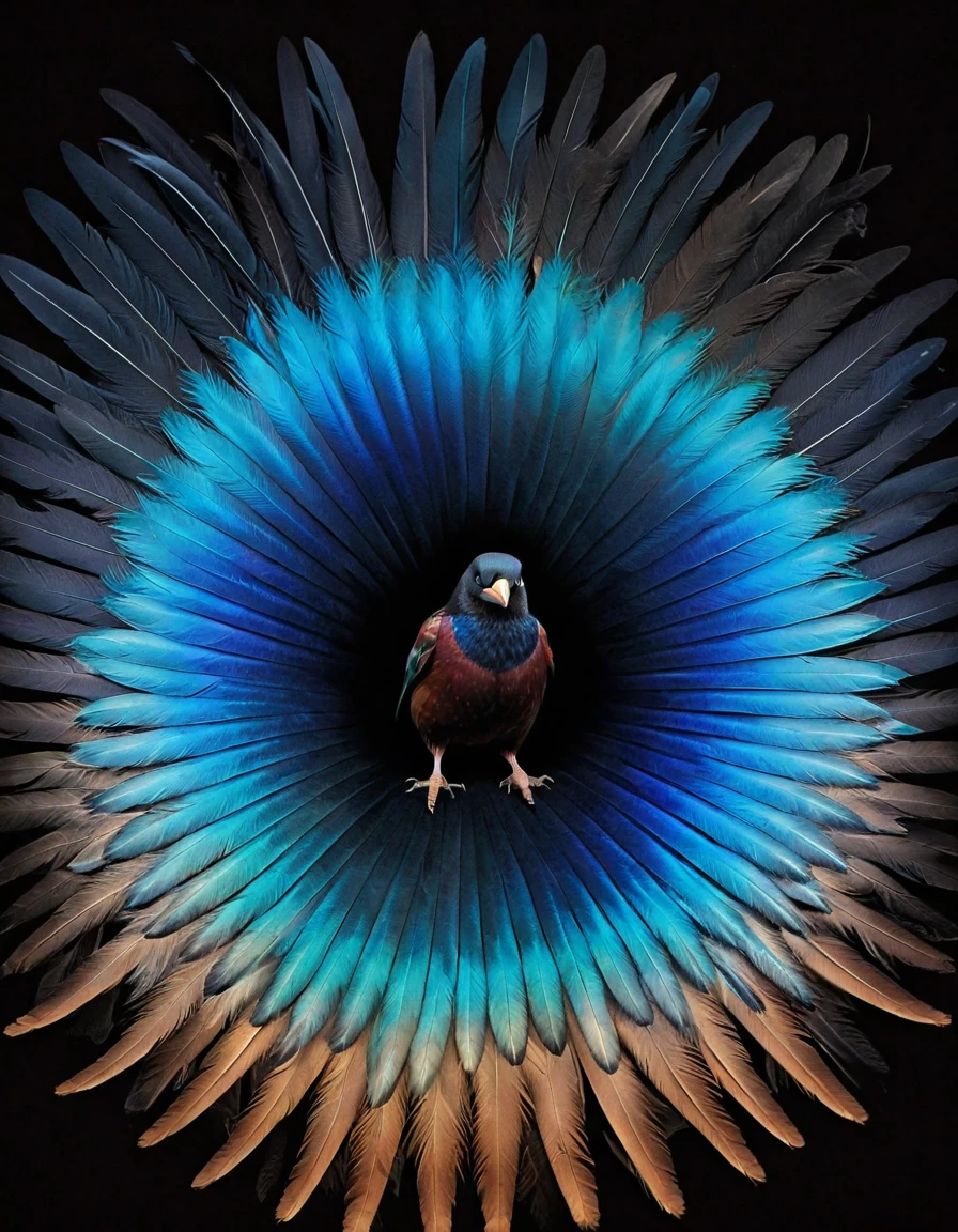 iridescent multicolored gradient, long exposure, movie cover, striking single crow with blue and white feathers with dark brown on wings and back, subtle gradient glow, overlapping circular shapes on background