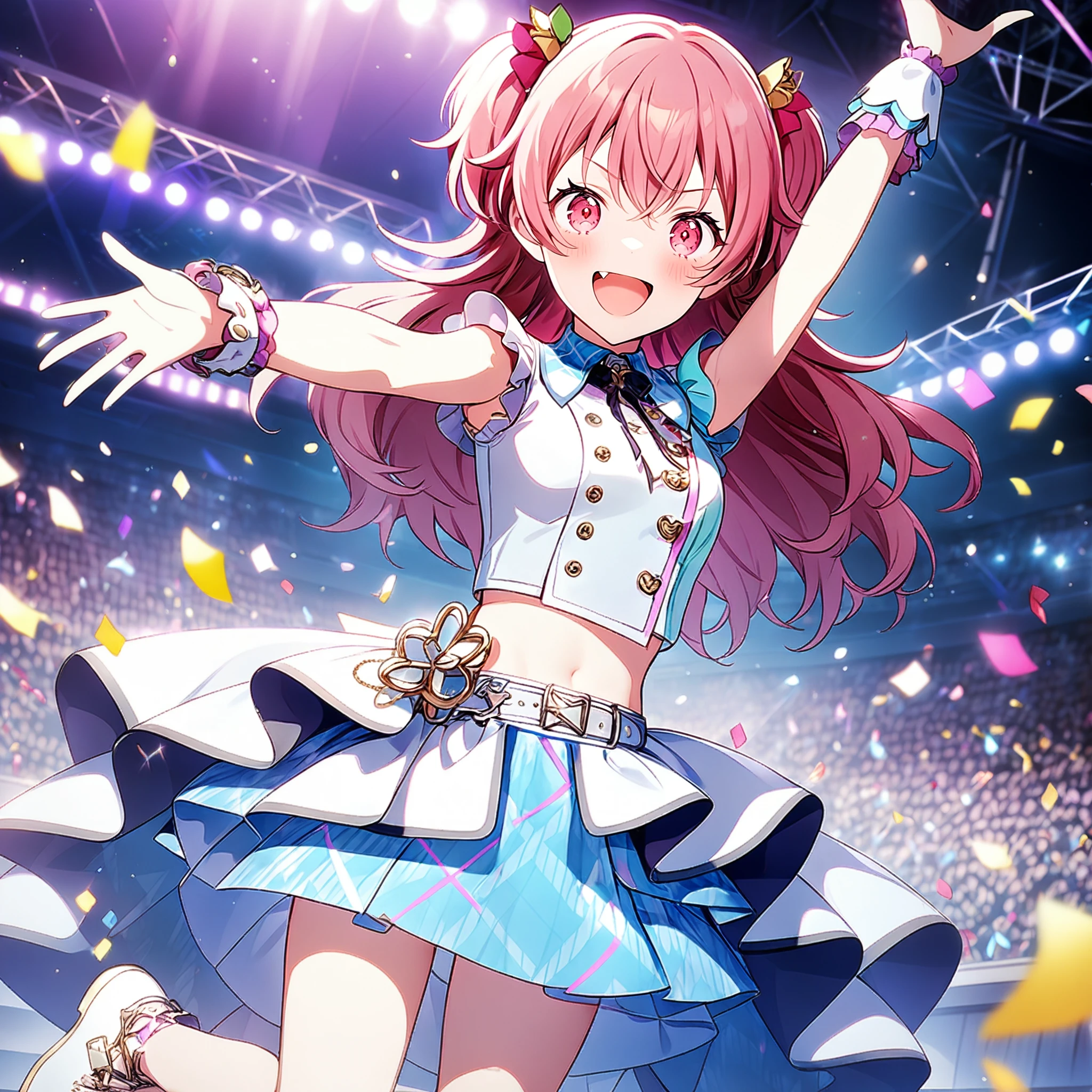 1girl, momoi airi, project sekai, masterpiece, very aesthetic, absurdres, official art,
brandnew airi, pink hair, long hair, two-side up, pink eyes, fang,
(looking at viewer:1.4), jumping, arm up, :D, outstretched arms, BREAK
navel, midriff, layered skirt, silver trim, blue skirt, white skirt, white shoes, detached white cuffs,  grey belt, black ribbon, white shirt, blue collar, pink line,
idol stage, stage light, neon light, confetti-flurry, psyllium, auditorium is filled with spectator,
<lora:sdxl-mmj-BNAiri03:0.9>