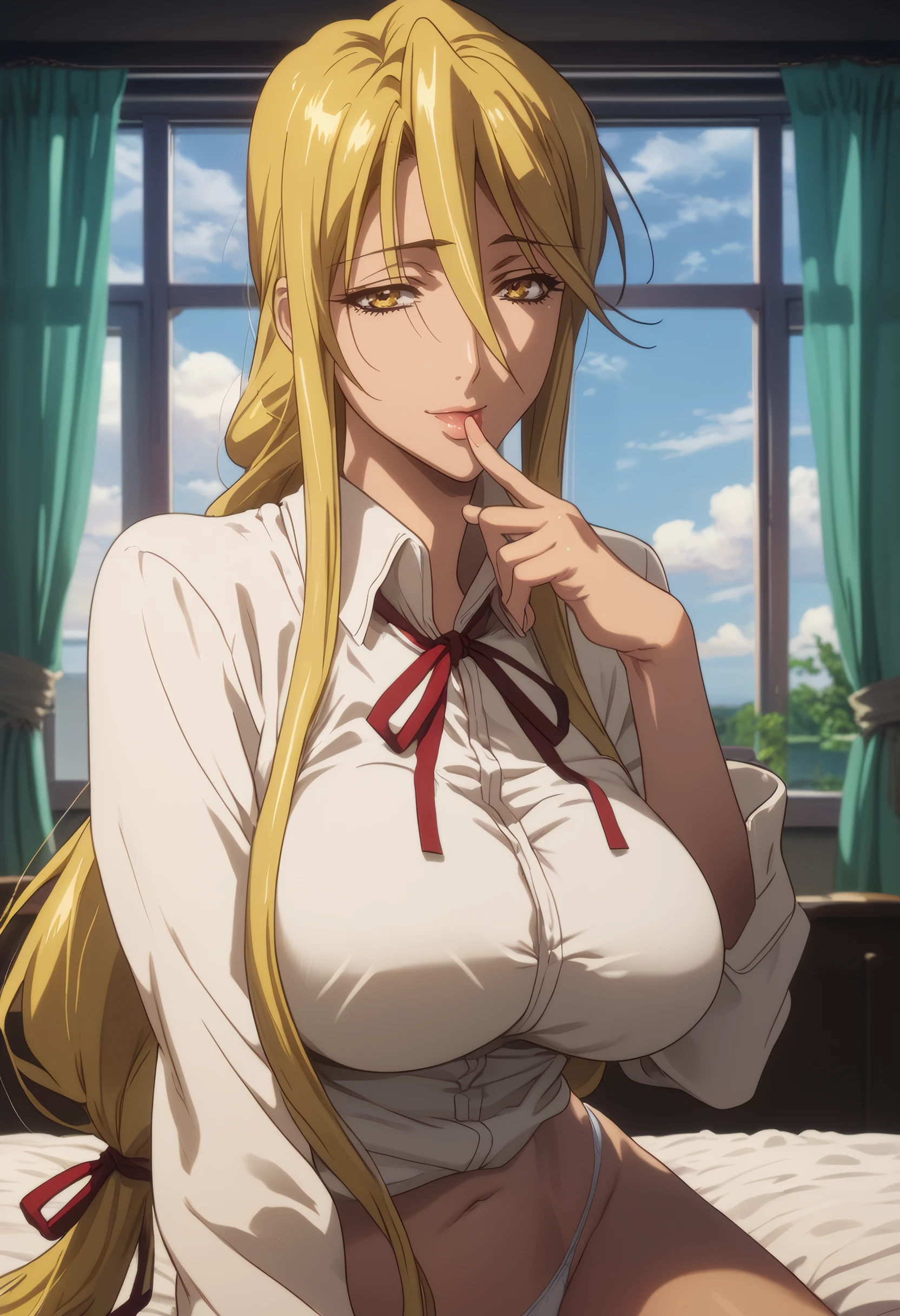 score_9, score_8_up, score_7_up, 1girl, solo, looking at viewer,
<lora:Shizuka_Marikawa_Dwnsty:0.8>, shizuka_marikawa, blonde hair, yellow eyes, long hair, low-tied long hair, hair between eyes, sidelocks, white shirt, collared shirt, red ribbon, neck ribbon, white panties,
lips, large breasts, light smile, mature female, finger to mouth, licking finger, naughty face,
indoors, bedroom, sitting, on bed, window, cloudy sky, curtains,