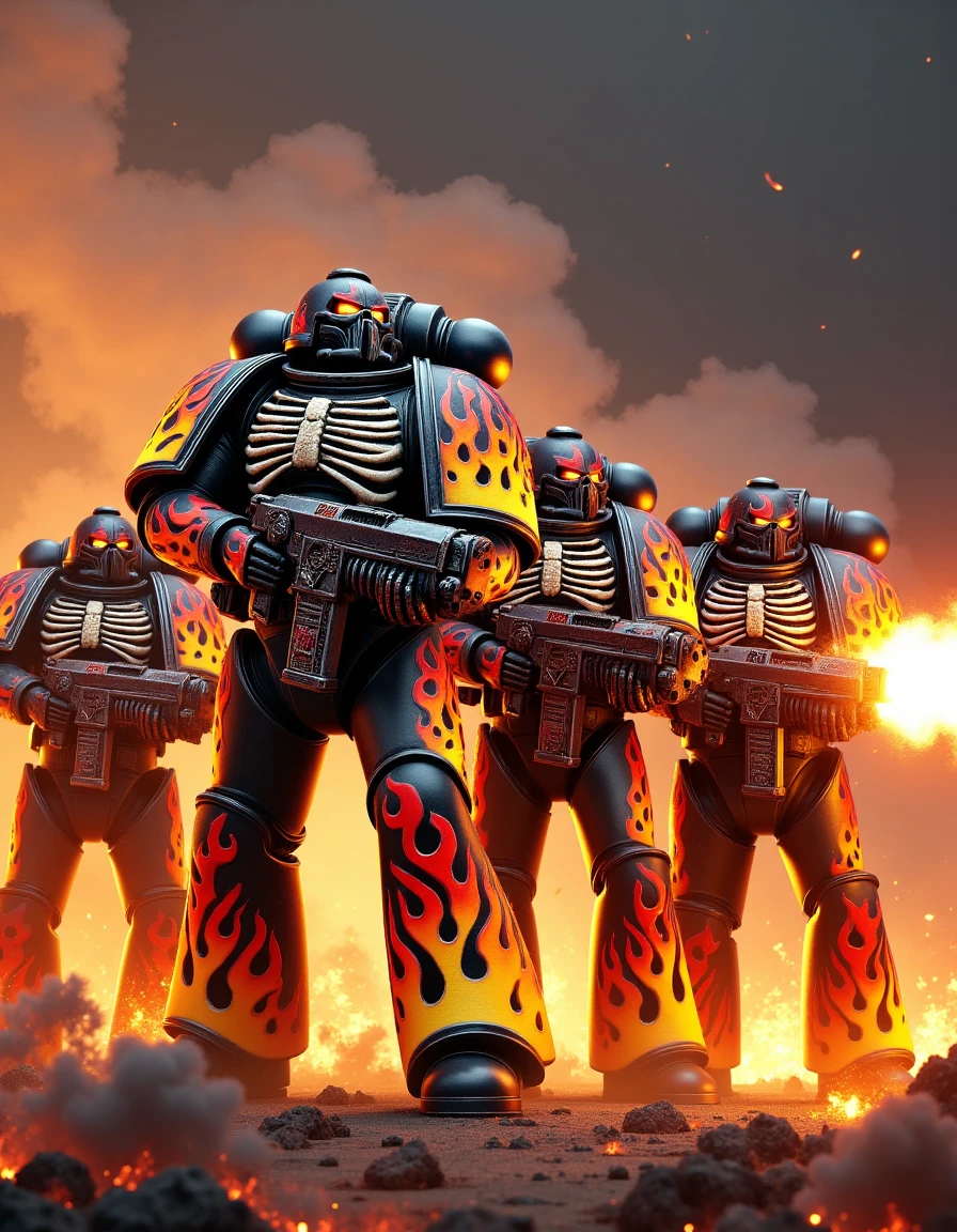 Show four Space Marines standing in formation, their glowing eyes locked on an unseen enemy. Their armor is covered in a mix of hotrod flames and skeletal designs. One Marine holds a massive flamethrower, flames roaring out of the weapon and lighting up the battlefield. Smoke rises from the burning ground. Render this with high-contrast, fiery lighting in a digital painting style, using smooth gradients and glowing effects to make the flames and shadows dynamic.