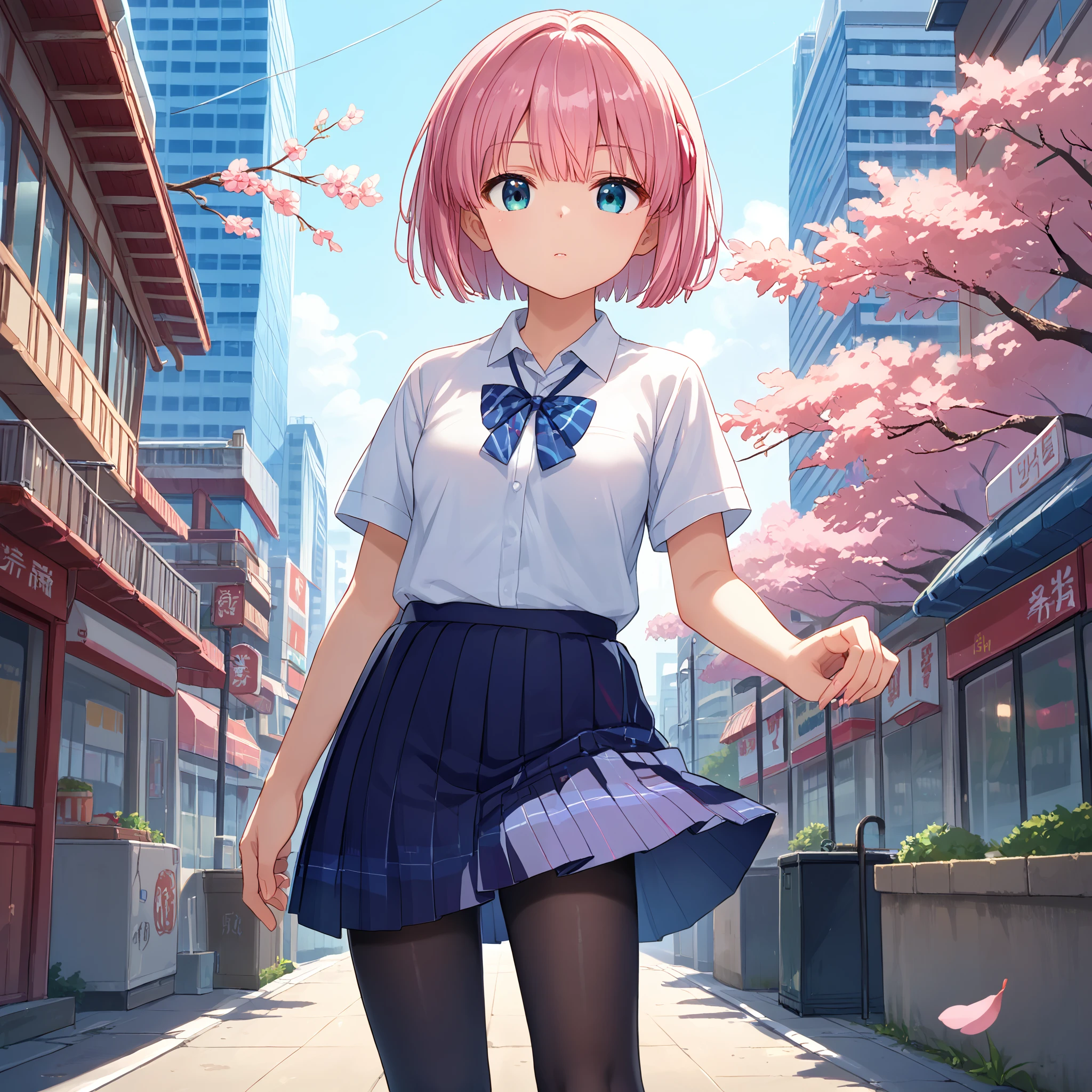 score_9, score_8_up, score_7_up, score_6_up, score_5_up, score_4_up, BREAK source_anime, look at viewer, rating_safe, 1girl, solo, city, cherry blossom, masterpiece, best quality, high detailed skin,    chiyoda momo, blue eyes, pink hair, short hair, school uniform, collared shirt, white shirt, pleated skirt, black pantyhose, short sleeves,