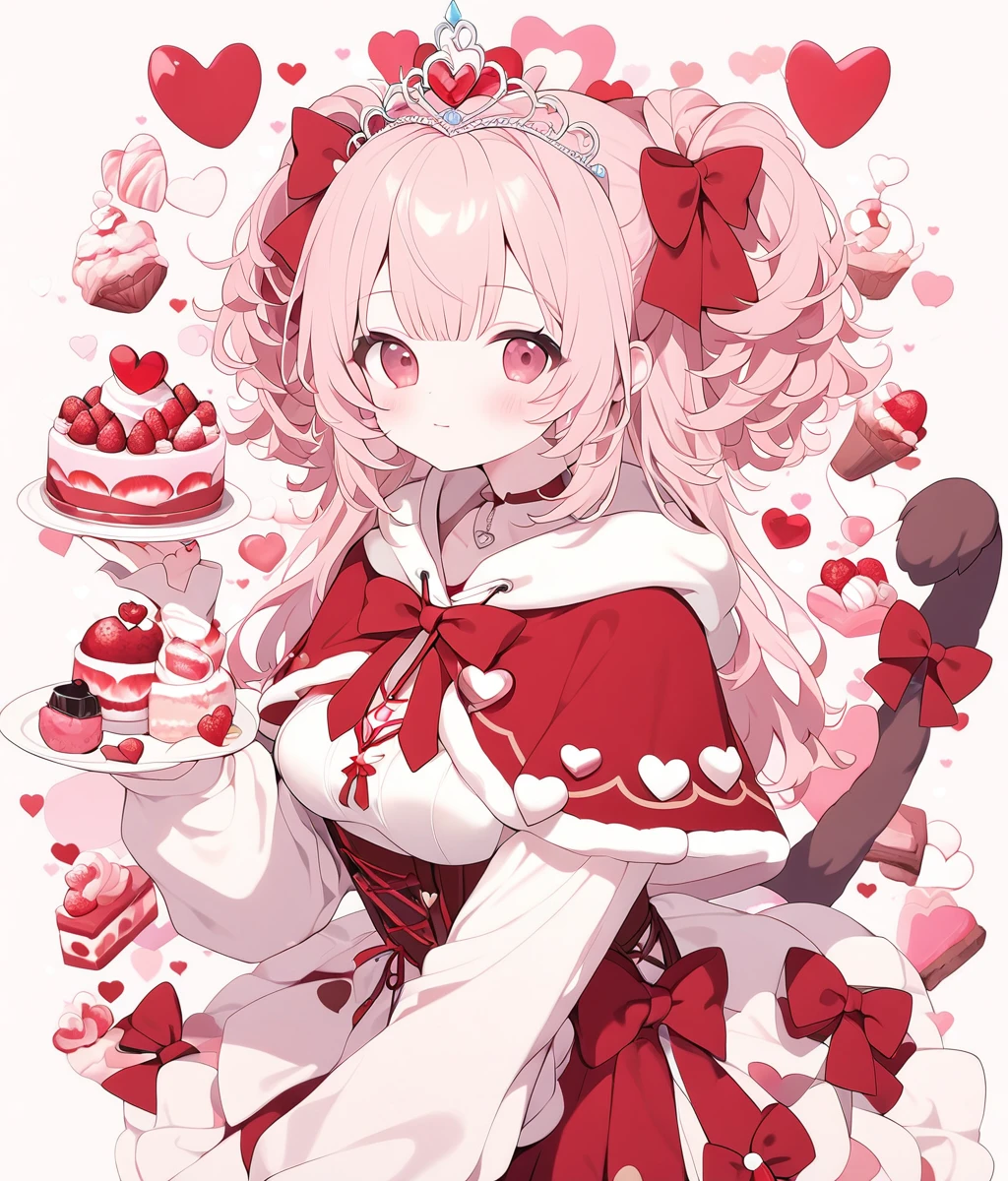 <lora:Potaletta:1> potaletta, 1girl, solo ,ed hair, drawstring, heart, capelet,, medium breasts, desserts , red bow, tiara, tail ornament, closed mouth, long sleeves , cute