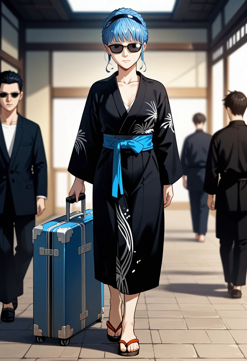 score_9,score_8_up,score_7_up,source_anime,Ha Yura,1girl,solo,looking at viewer,short hair,long sleeves,closed mouth,standing,collarbone,full body,japanese clothes,alternate costume,kimono,blurry,blurry background,sandals,sunglasses,walking,robe,yukata,black kimono,suitcase,blue sash,rolling suitcase,marianne von edmund,