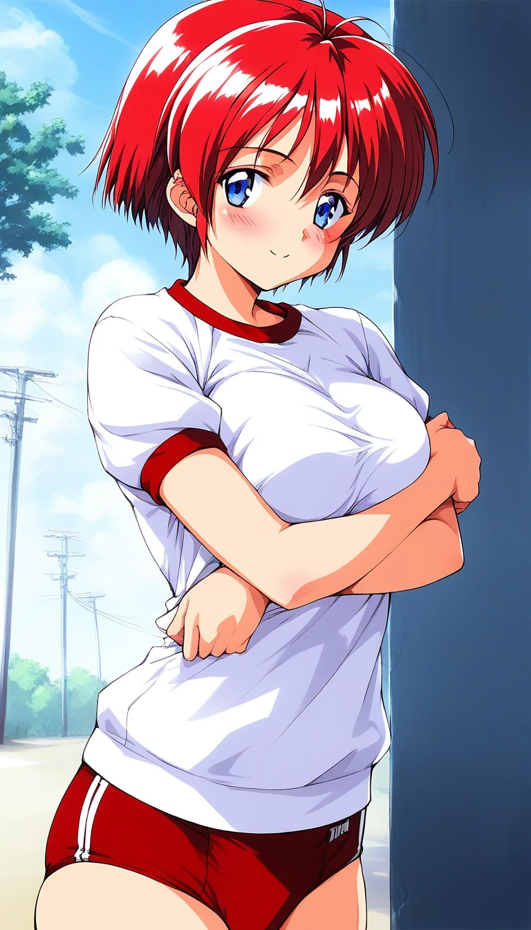 score_9, score_8_up, score_7_up, source_anime, rating_explicit, BREAK  <lora:Hinomoto_Hikari_XL:1> Hinomoto_Hikari, solo, red hair, short hair, blue eyes, breasts, bangs
gym uniform,white shirt, red buruma, v arms, 
blush,looking at viewer, 
outdoor, day, sky,
cowboy_Shot,