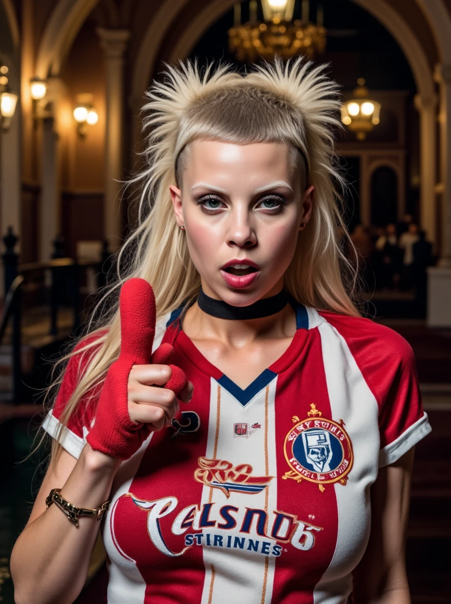 close-up portrait photo of a face of a woman seductive with a cool expression, she is wearing an overzealous sports fan outfit with body paint, a team jersey two sizes too big, and a foam finger, shouting cheers at every opportunity at a lavish, historic Venetian palazzo with ornate architecture and winding canals, where a masquerade ball in full swing provides the perfect cover for espionage, as a secret exchange takes place on a gondola under the moonlit sky. <lora:yolandilora:1.2> yol4ndi