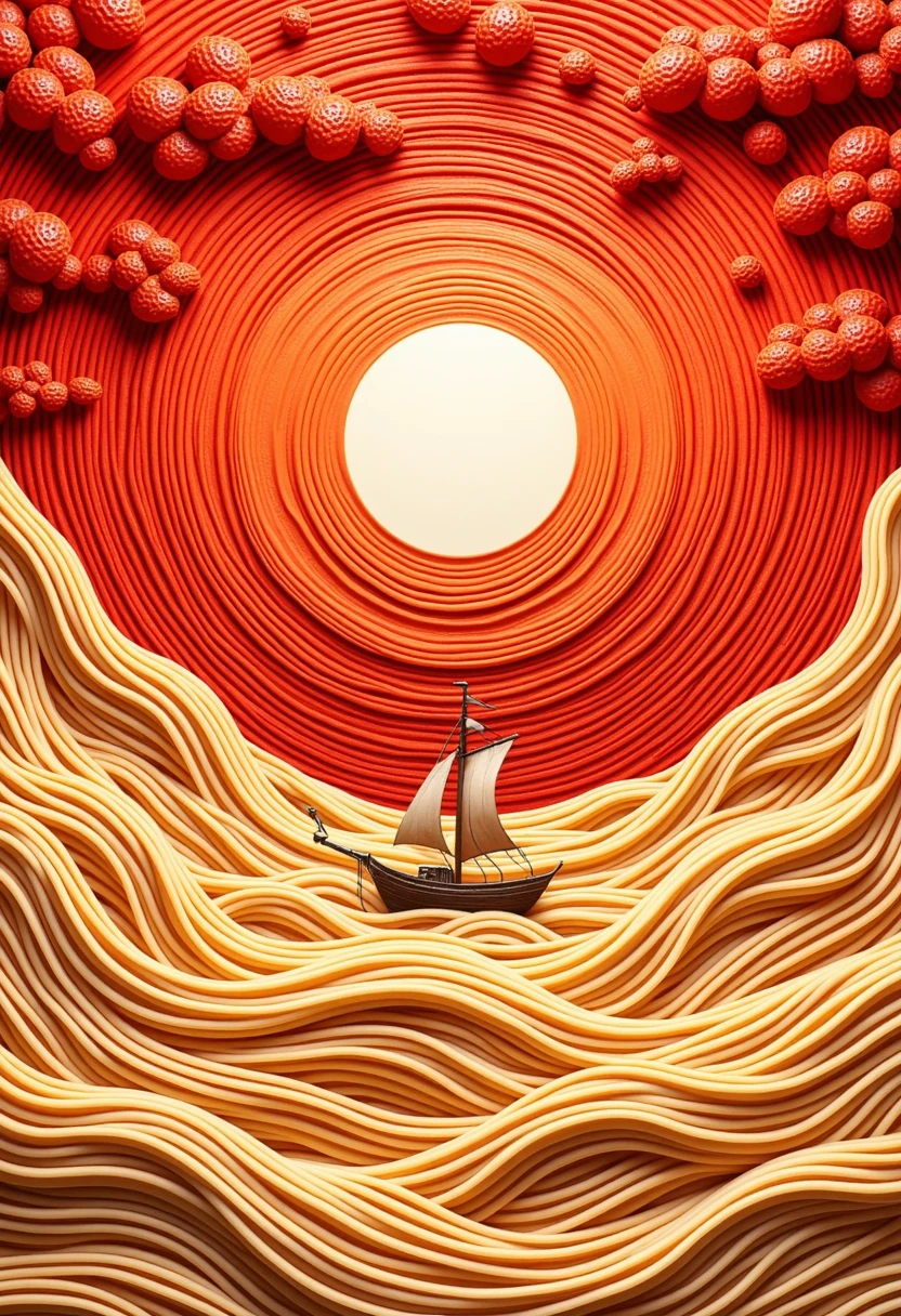 layered spaghetti art, small ship in an ocean made from spaghetti during a strong spaghetti storm under red tomato sauce sky with spaghetti:2 swirling clouds and white sun plate, maximalist spaghetti bas-relief, monochromatic red-beige
