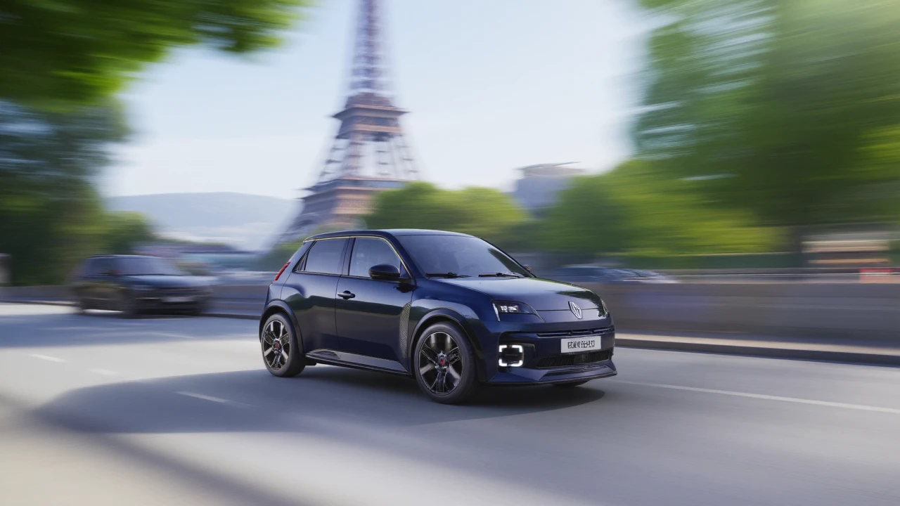 Small hatchback electric car, Renault 5, on a stret in Paris where we can see the Eiffel Tower in the blurry background.
<lora:uai_R5etech_v102:1>