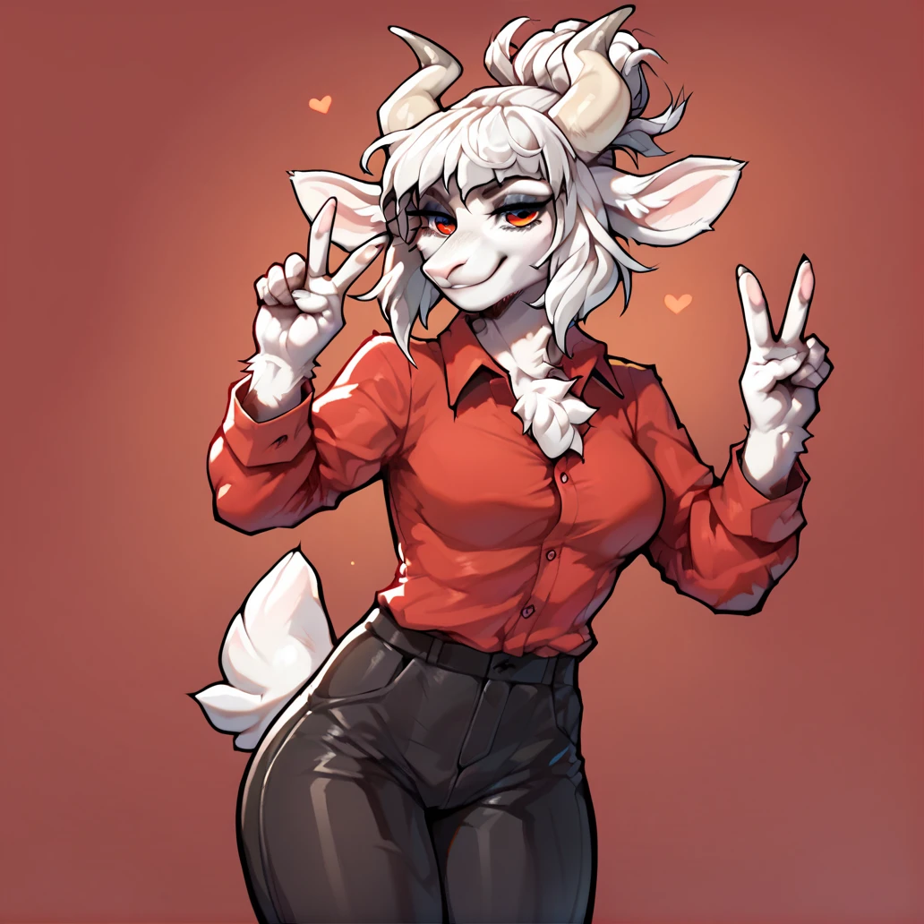 score_9, score_8_up, score_7_up, score_6_up, score_5_up, score_4_up,  double v, smile, goatlucifer, white fur, body fur, red shirt, long sleeves, black pants, collared shirt, red eyes, breasts,  <lora:goatlucifer:1>, goat girl,