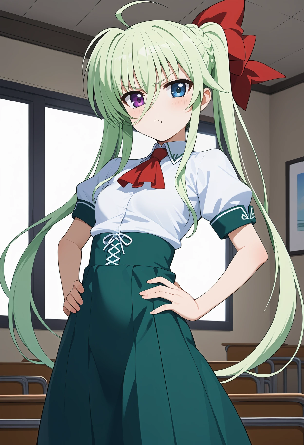 score_9, score_8_up, score_7_up, score_6_up, score_5_up, score_4_up, source_anime, aaeinhard, aged down, long hair, green hair, ahoge, twintails, hair ribbon, heterochromia, small breasts, school uniform, red ascot, white shirt, puffy short sleeves, cross-laced clothes, high-waist skirt, green skirt, <lora:einhard_stratos_ponyxl_v1:0.9>, indoors, hands on own hips, standing, cowboy shot, pout,