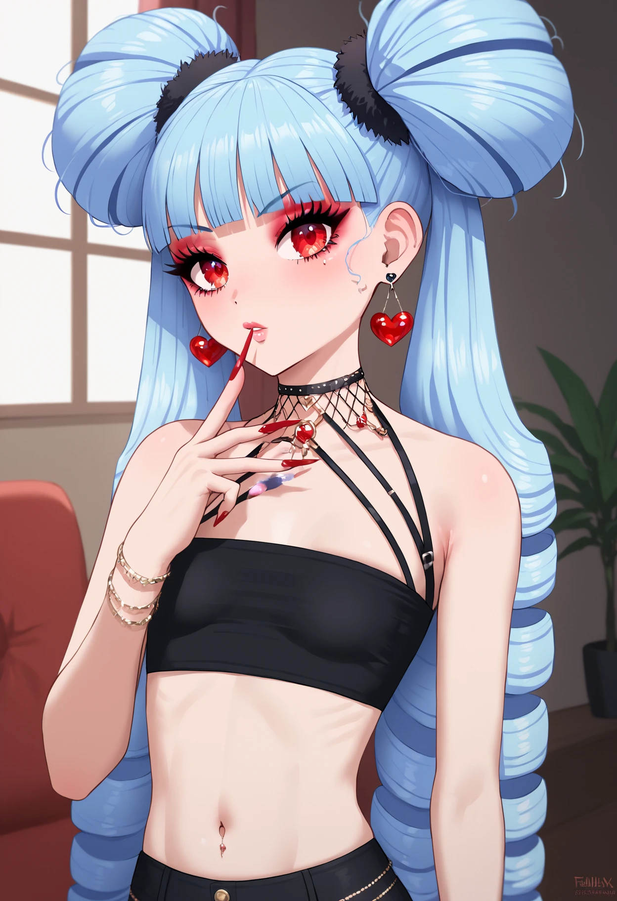 score_9_up,valentina, red eyes, makeup, blue hair, long hair, bangs, jewelry, earrings, nail polish, blunt bangs, hair ornament, bracelet, red nails, heart, twin drills, crop top, 1girl. portrait. indoors. small breasts,