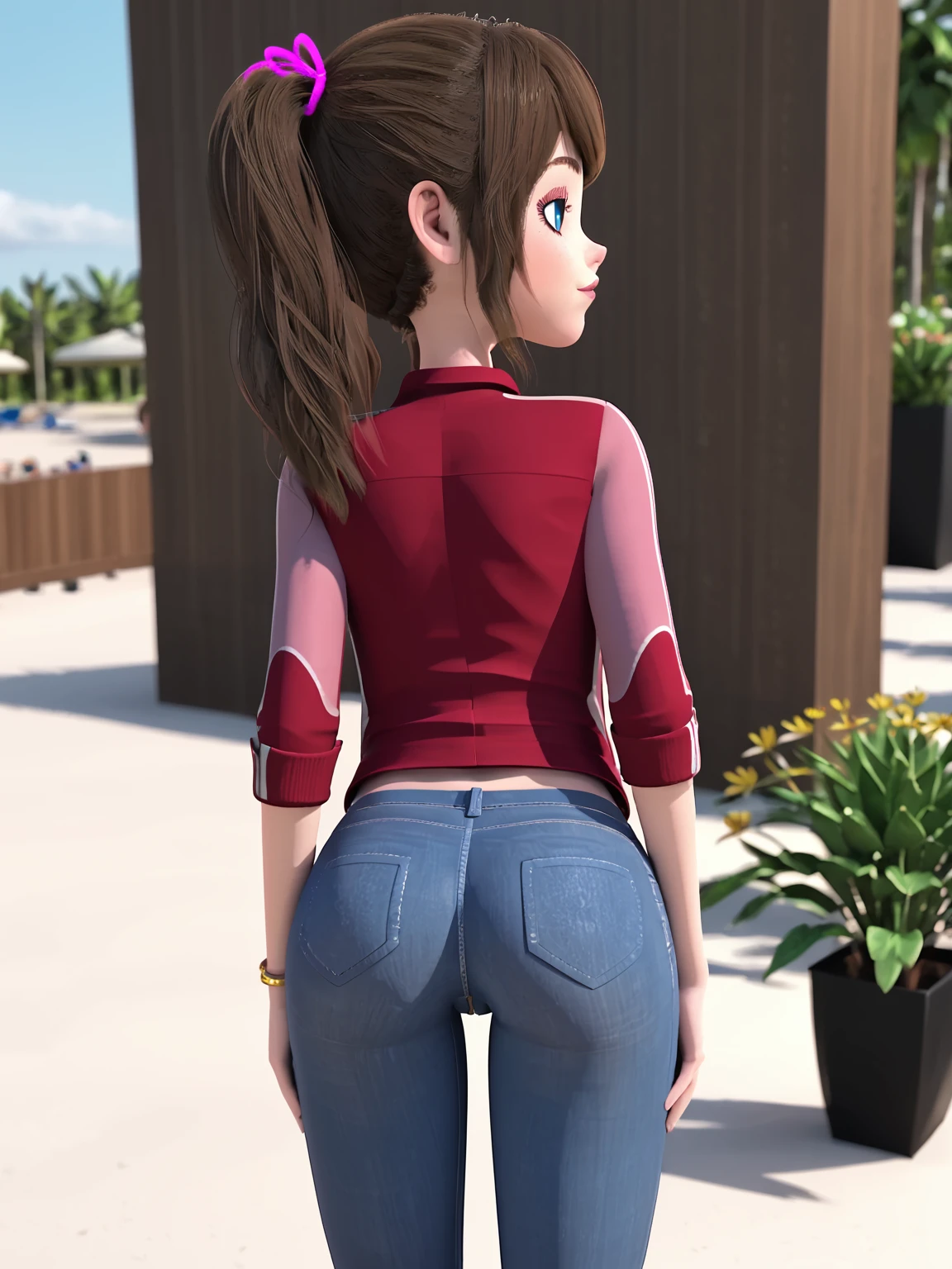 1girl, <lora:Biana_(Cryptoland):0.8> clbianca, from behind, ass, looking back, jeans
score_7_up, solo, 3d, brown hair