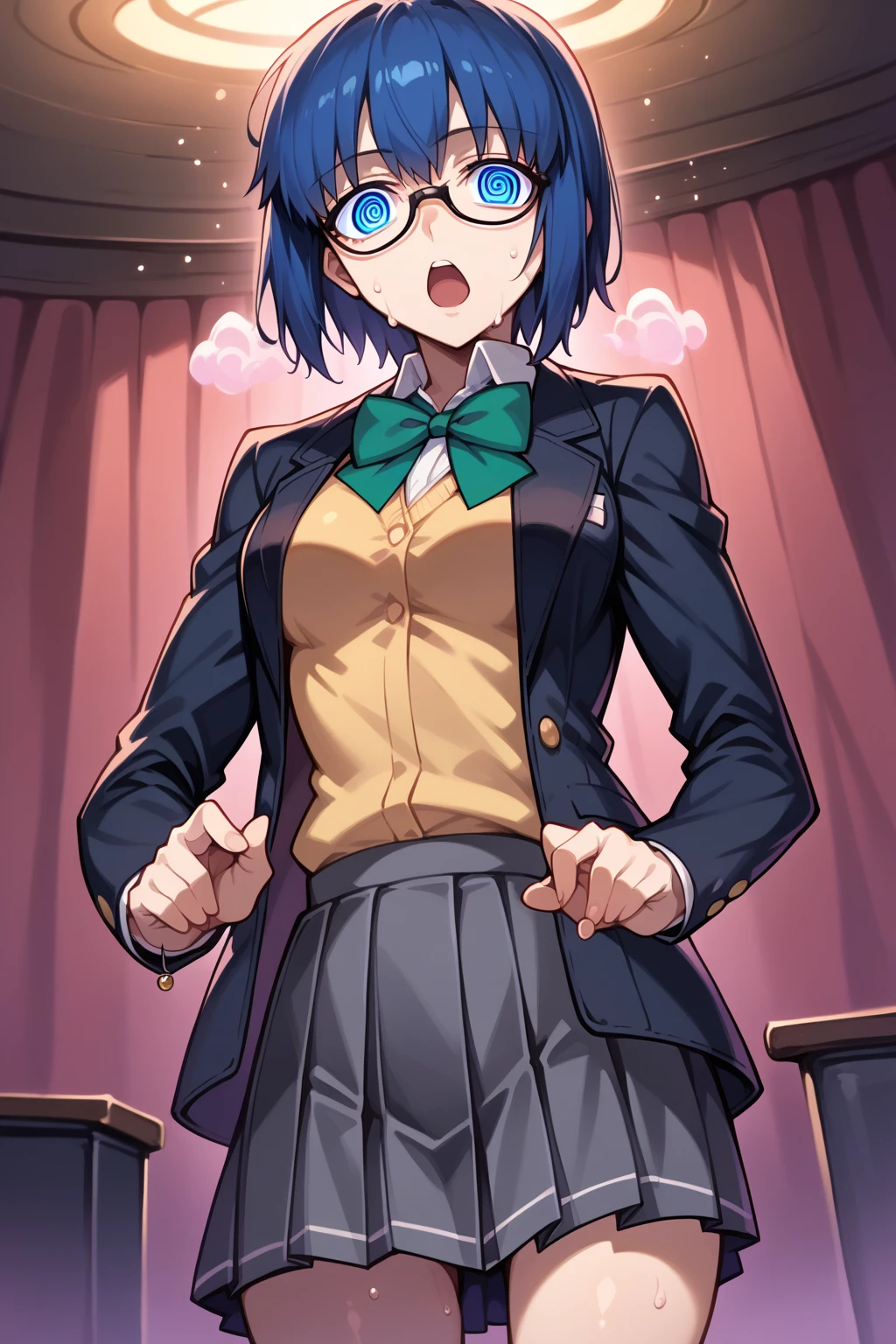 score_9, score_8_up, score_7_up, source_anime,
<lora:Tsukihime_Ciel_Pony:1> ciel, 1girl, short hair, blue hair, blue eyes, solo, breasts, bangs, looking at viewer, open mouth, medium breasts
indoor, stripclub, stage, solo, dutch angle, cowboy shot,shot,shot,hypnosis, blank eyes, mind control, slack expression, 1girl, brainwashing,placid, docile, dazed look,alone,comatose, obedient, 
uncensored sweat, steam, midriff, sweaty, wet clothes,  spiral in eyes, 
glasses, grey skirt, bow, yellow vest, jacket, school uniform, green bow, skirt, open clothes, shirt, bowtie, open jacket, white shirt, black-framed eyewear, green bowtie, pleated skirt, long sleeves, collared shirt, black jacket, vest,