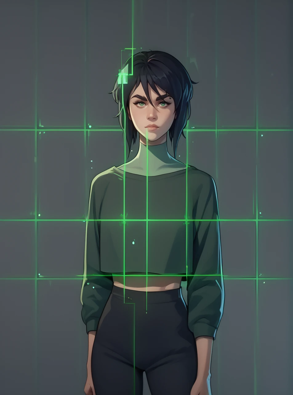 score_9, score_8_up, score_7_up, 1girl, cartoon, western animation, looking at viewer, flat colors, floating in cyberspace, <lora:laurielpxl:1>, laurielpxl, dark hair, green grid