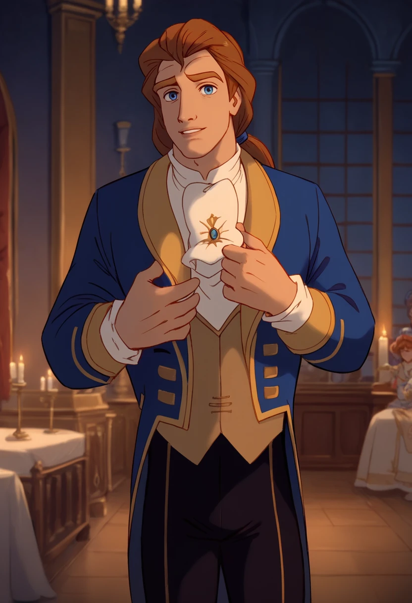 score_9, score_8_up, score_7_up, Prince_Adam_BTB, 1man, auburn hair, blue eyes, ponytail, blue frock coat, yellow lapels, yellow cuffs, beige vest, black trousers, white frill collar, brooch on the collar, brown boots, solo, handsome, looking at viewer, lust, fantasy, dark night, baroque bedroom, Expressiveh, zPDXL3, <lora:Prince_Adam_BTB:1>, <lora:Smooth Anime Style LoRA XL:0.8>, <lora:Expressive_H:0.8>, <lora:add-detail-xl:2>, <lora:zPDXL3:1>