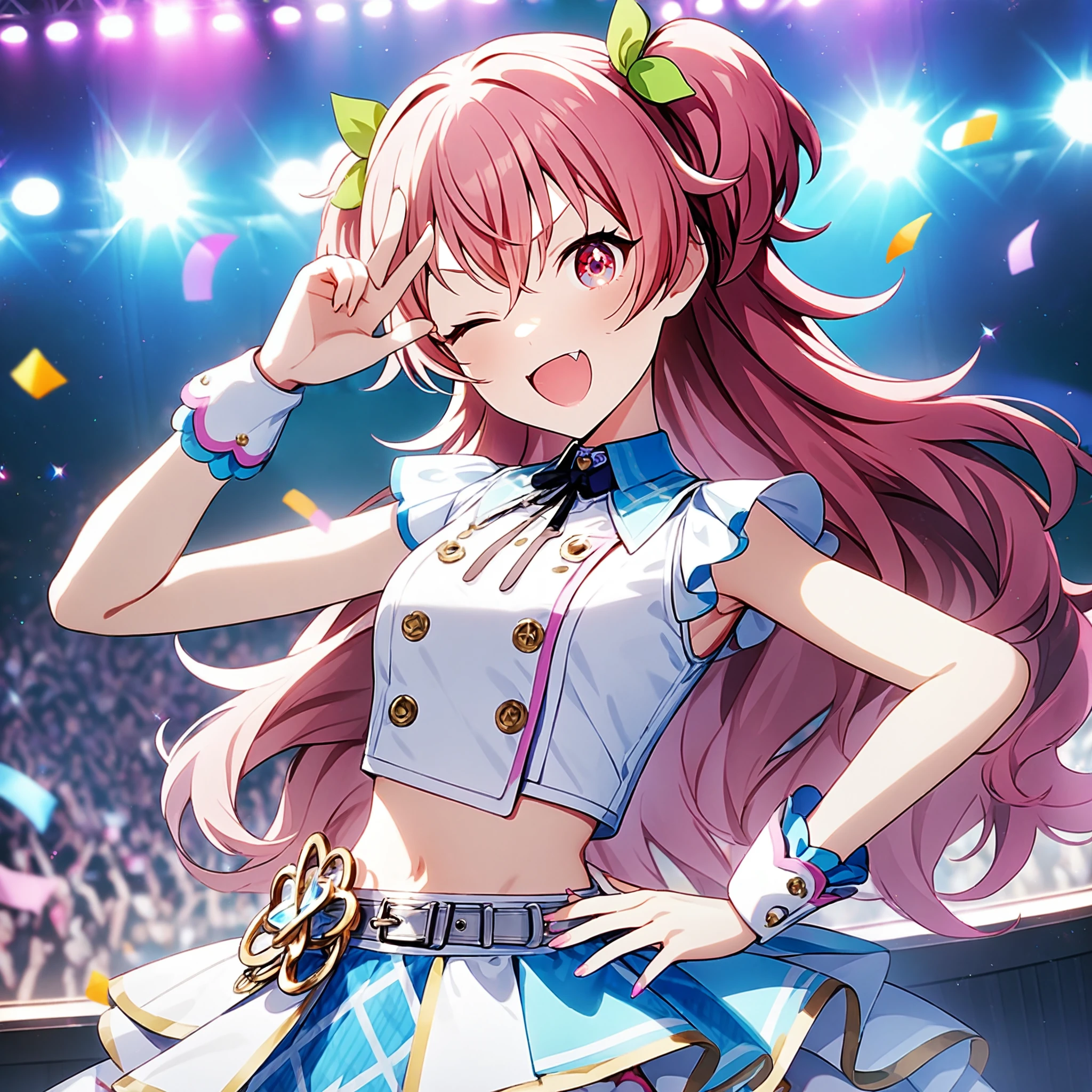 1girl, momoi airi, project sekai, masterpiece, very aesthetic, absurdres, official art,
brandnew airi, pink hair, long hair, two-side up, pink eyes, fang,
(looking at viewer:1.4), hand on hip, one eye closed, salute, v, portrait, face focus, BREAK
navel, midriff, layered skirt, silver trim, blue skirt, white skirt, white shoes, detached white cuffs,  grey belt, black ribbon, white shirt, blue collar, pink line,
idol stage, stage light, neon light, confetti-flurry, psyllium, auditorium is filled with spectator,
<lora:sdxl-mmj-BNAiri03:1:lbw=0,0,0.2,0.2,0,0.4,0.4,0,0.8,0.8,0,0,0,0.8,0.8,0.6,0.8,0.0,0.0,0.0,0,0,0,0,0,0>