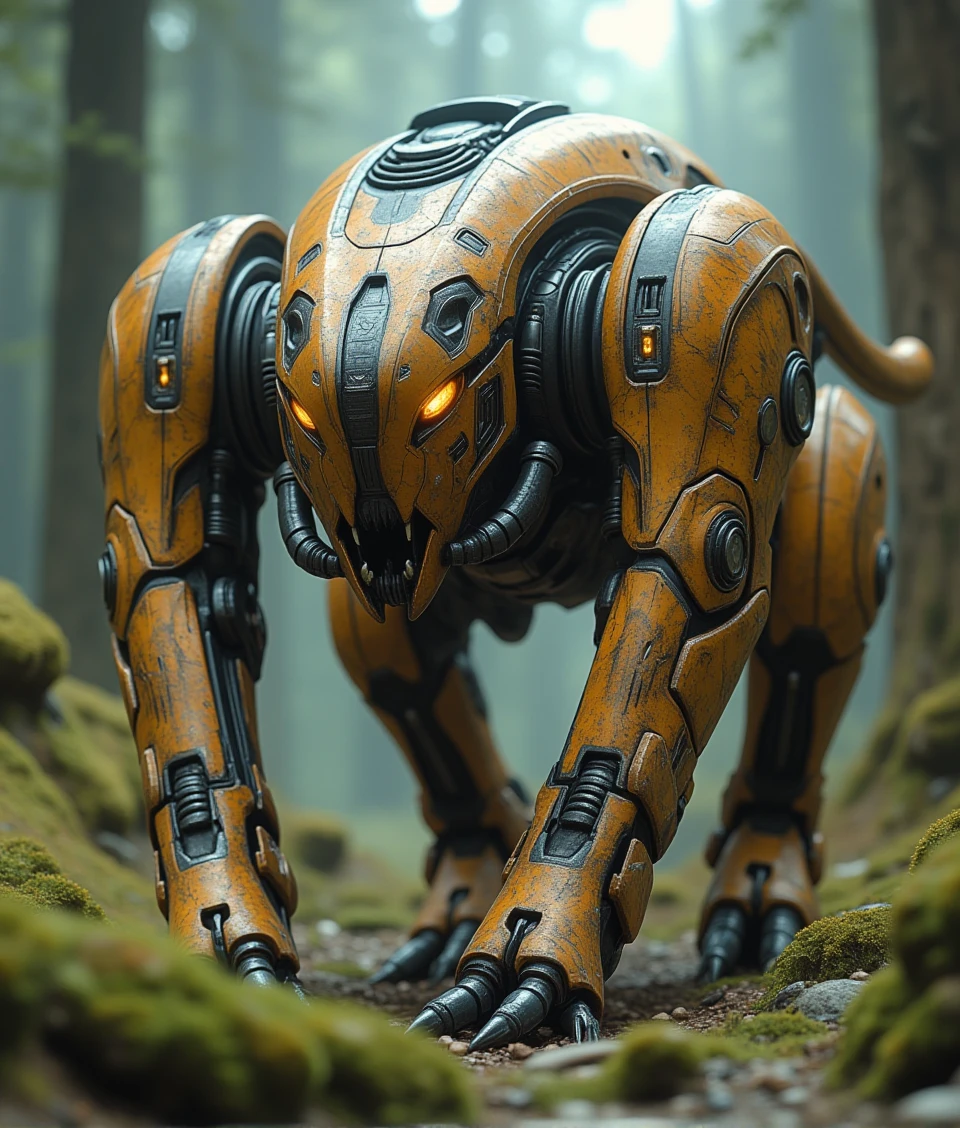 protoss-style,a tiger-robot,walking in halo forest