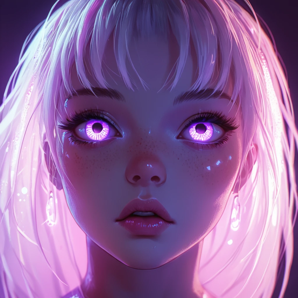 score_9,score_8_up,score_7_up,
The image is a highly detailed, digital illustration in a vibrant, neon-lit style. The subject is a young woman with striking, ethereal features. Her skin has a smooth, almost translucent quality, with a soft, glowing sheen, particularly noticeable on her cheeks and forehead. Her eyes are an intense, glowing magenta, with intricate, shimmering details that suggest iridescent, almost supernatural qualities. Her eyelashes are long and dark, framing her eyes dramatically
, <lora:holographic-pony-4:0.8>,