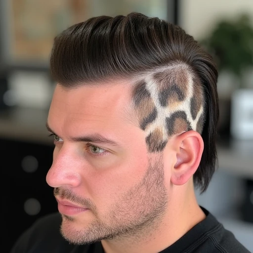 styled in a slicked-back manner, taken in a suburban setting. The man has a fair complexion, This photograph captures a man in a modern hair salon, The image is a photograph showcasing a unique hairstyle featuring a creative design on the back and sides of a person's head. The individual has a shaved head with a distinctive pattern created using hair clippers. The design mimics the appearance of a giraffe's skin, focusing on the profile view of the person's face and the right side of their head. The individual has a distinctive hairstyle featuring a unique design on the right side of their head, transitioning into a longer