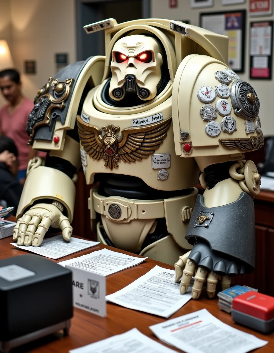 "Imagine a Space Marine Terminator standing behind the counter at the DMV, his massive, armored frame barely fitting behind the desk. His bone-white helmet is adorned with small stickers reading ‘Patience is a virtue,’ and his shoulder pads knock over office supplies every time he moves. He calmly processes forms with the precision of a seasoned bureaucrat, stamping licenses with a power fist while ominously intoning, ‘Next... please,’ as the line shuffles nervously forward. The glow of his eye lenses gives off the impression that he’s seen millennia of paperwork... and he’s not in a hurry."