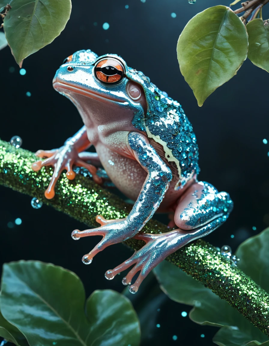 <lora:103_novuschroma_1:.7> tree frog on a branch with leaves novuschroma style glitter