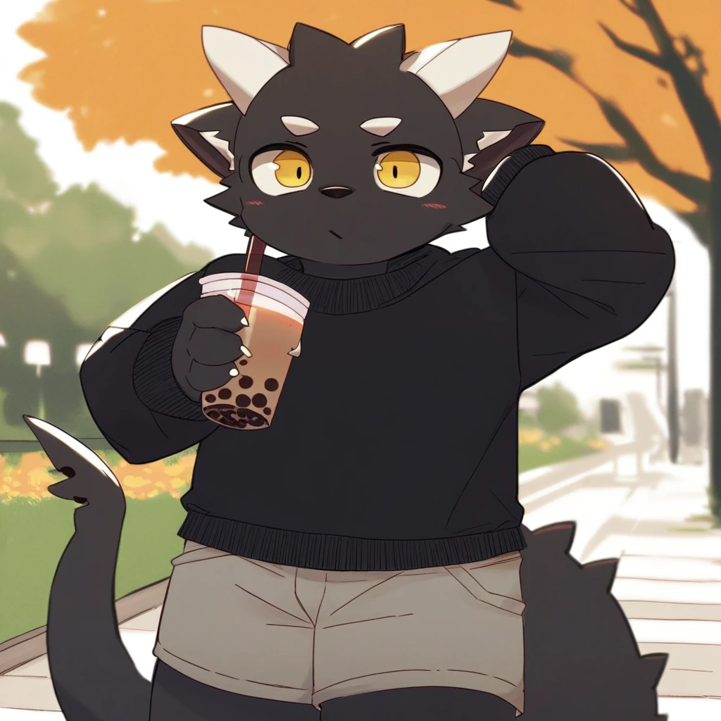 score_9_up, score_8_up, score_7_up, source_furry, mikus-monu__, black dragon, black body, white horns, yellow eyes, park, holding, bubble tea, black sweater, gray shorts, 1boy, solo