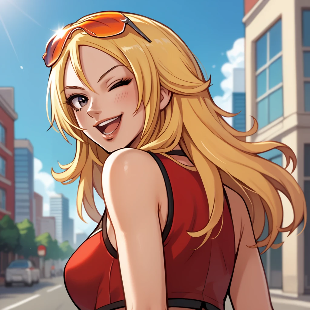 score_9, score_8_up, score_7_up, 1girl, solo, uncensored, agentstarr, smile, open mouth, from behind, upper body, looking back, one eye closed, wink, long blonde hair, eyewear on head, orange sunglasses, red sleeveless, crop top, outdoors, city, modern, street <lora:AgentStarrXL_v1.0:1>