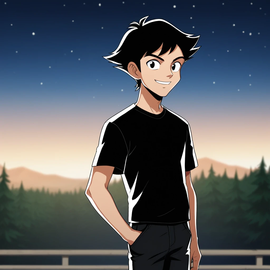 score_9_up, score_8_up, BREAK, TAspiez, 1boy, solo, black hair, short hair,  black eyes, black shirt, black pants, cowboy shot, smile, <lora:The_amazing_spiez_Style_PXL_Leaf2:1>, blue sky, blurry background, starry background,