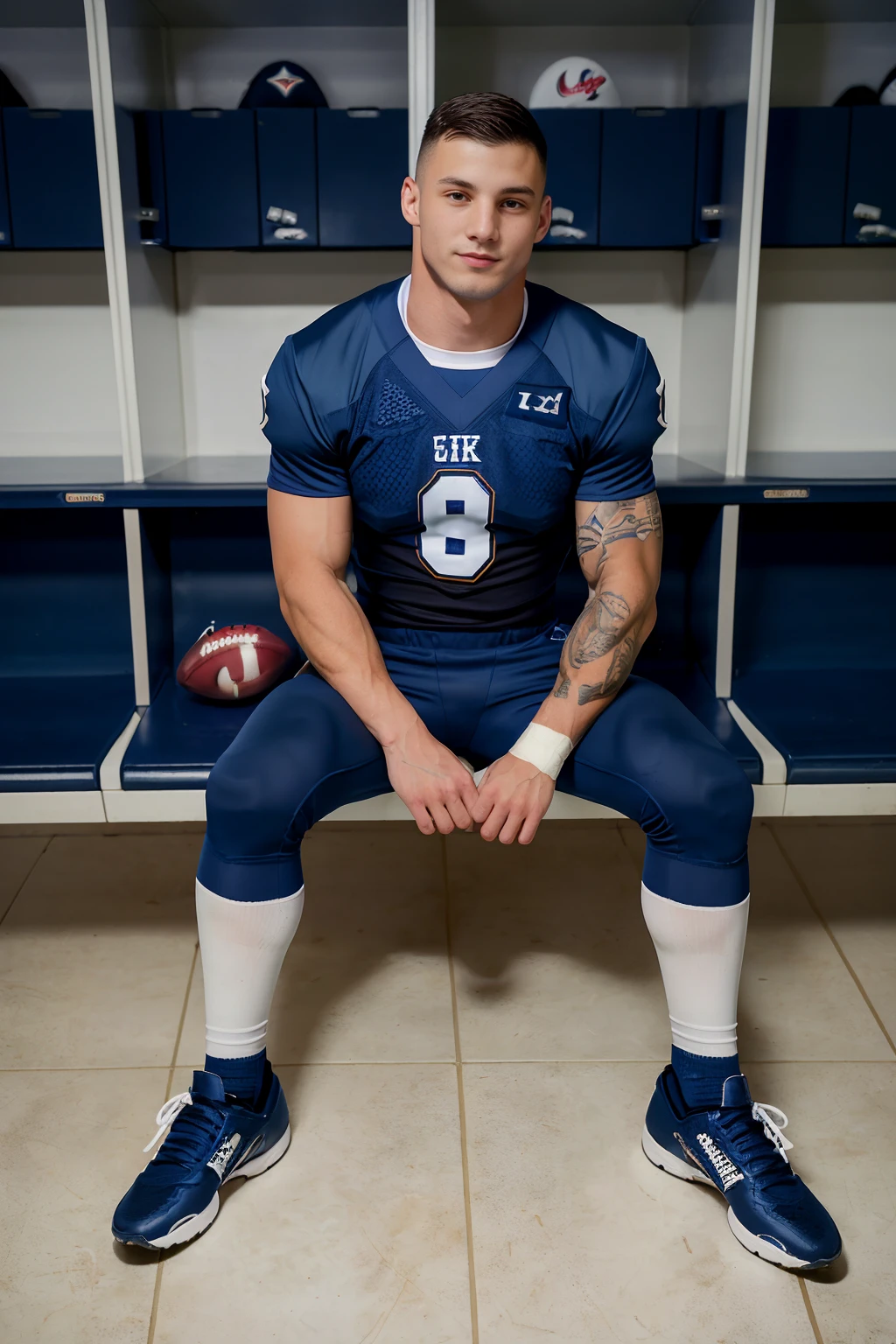 locker room, sitting on bench, in front of lockers, slightly smiling, MaxBarz is an (American football player), wearing (football uniform), (dark blue jersey:1.3), dark blue shoulder pads, jersey number 9, (dark blue football pants:1.4), (white socks:1.3), long socks, (sneakers:1.3), (((full body portrait))), wide angle   <lora:MaxBarz:0.8>