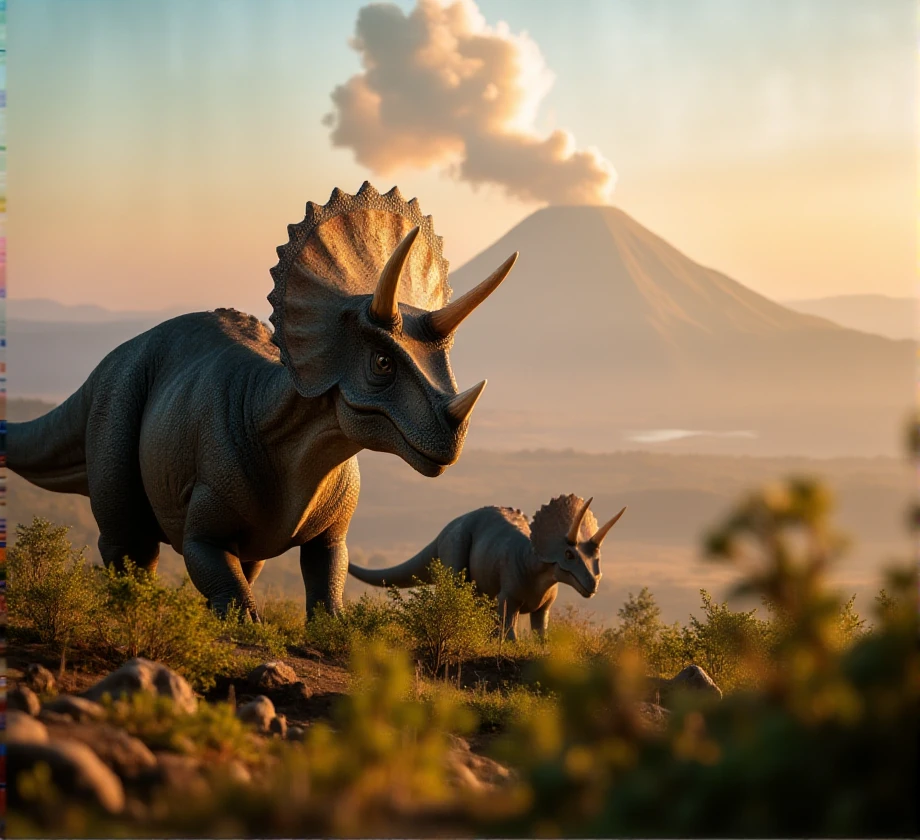 portraiture. 80mm lens. F2.8. , outdoor. f/2.8 macro photo,   bokeh, outdoor, <lora:triceratopo-flux-t3r2:1> t3r2, dinosaur, A vast prehistoric plain stretches to the horizon, with winding rivers and smoking volcanoes in the distance