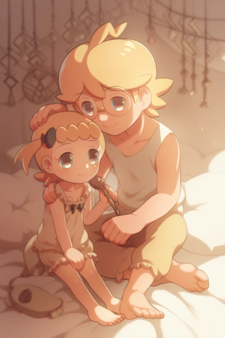 score_9,score_8,score_7, porochaStyle, porochaStyle, 10s, 1boy, 1girl, asymmetrical hair, barefoot, bed, bed frame, bed sheet, blonde hair, blush, bonnie (pokemon), brother and sister, brush, brushing hair, child, clemont (pokemon), closed mouth, collarbone, creatures (company), feet, flat chest, game freak, glasses, highres, holding, indoors, lamp, nintendo, pillow, pokemon, pokemon xy, porocha, profile, siblings, sitting, smile